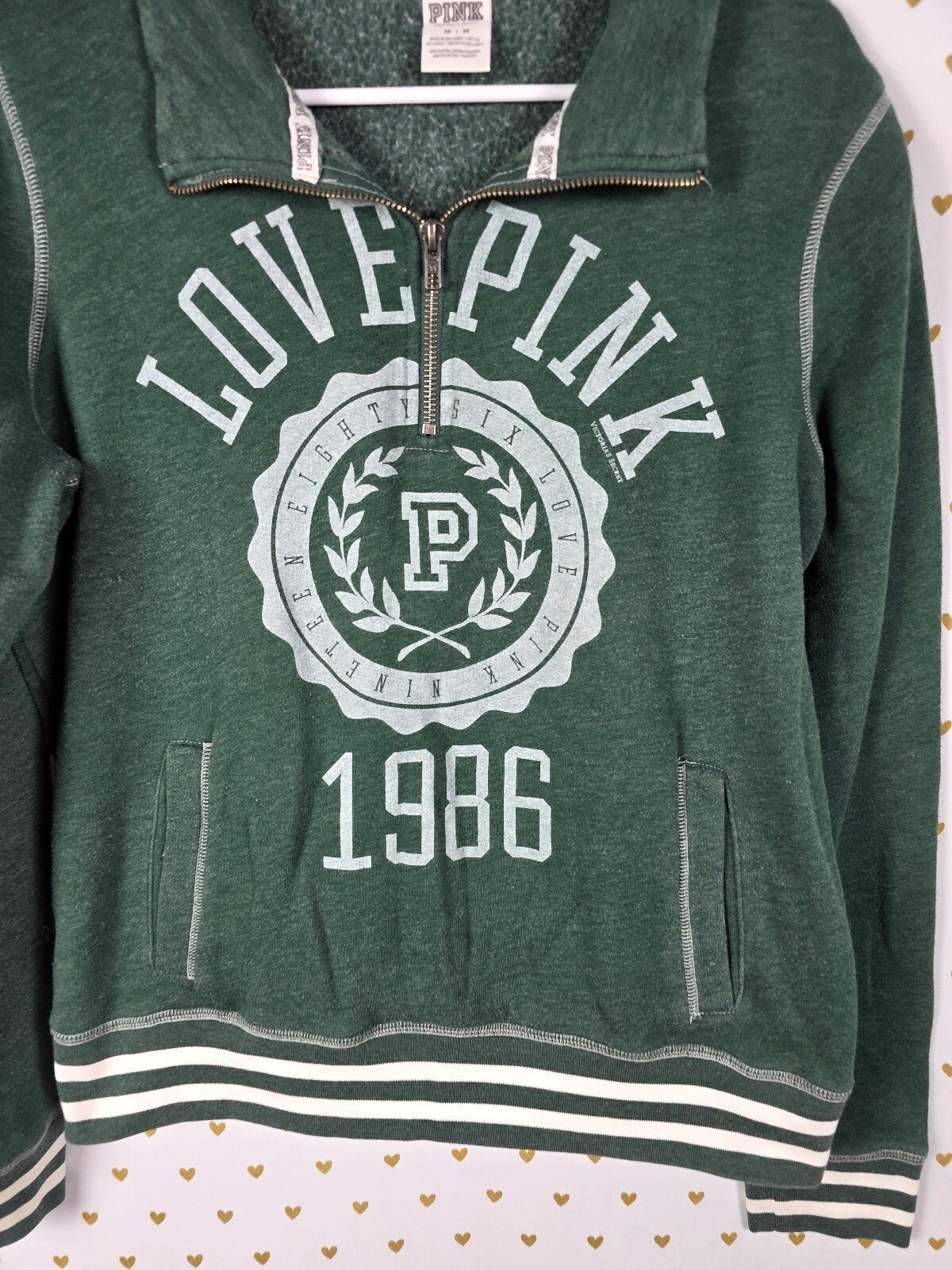 Victorias Secret Pink Vintage Style Logo Green Quarter Zip Sweater Shirt MEDIUM