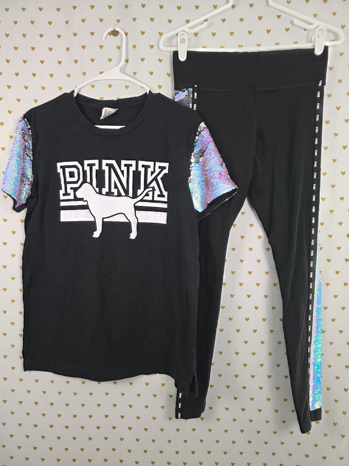 Victorias Secret PINK Mermaid Flip Bling Yoga Pants & Tee set outfit Small HTF