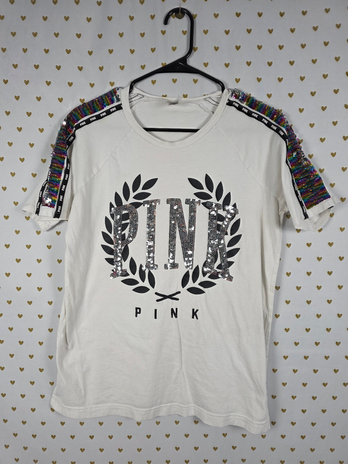 Victorias Secret PINK Rainbow Flip Bling sequined Crest tee shirt Logo Small