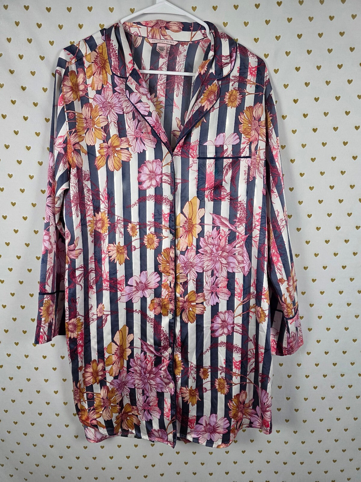 Victorias Secret Satin Floral Sleep Shirt Nightgown Button Front Pajama Dress M