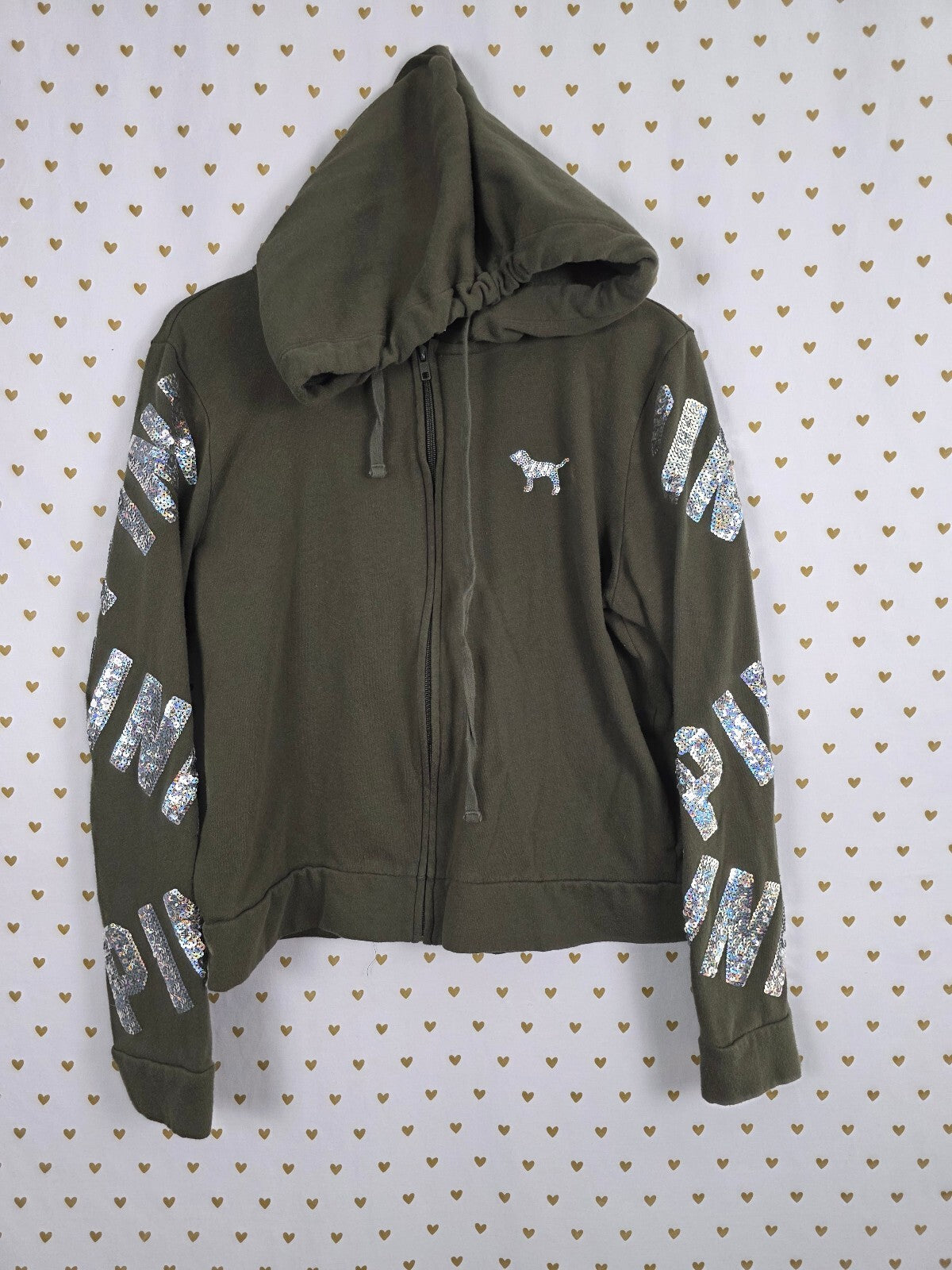 Victorias Secret Pink Green Bling Logo Sequined Full zip Hoodie Jacket Large