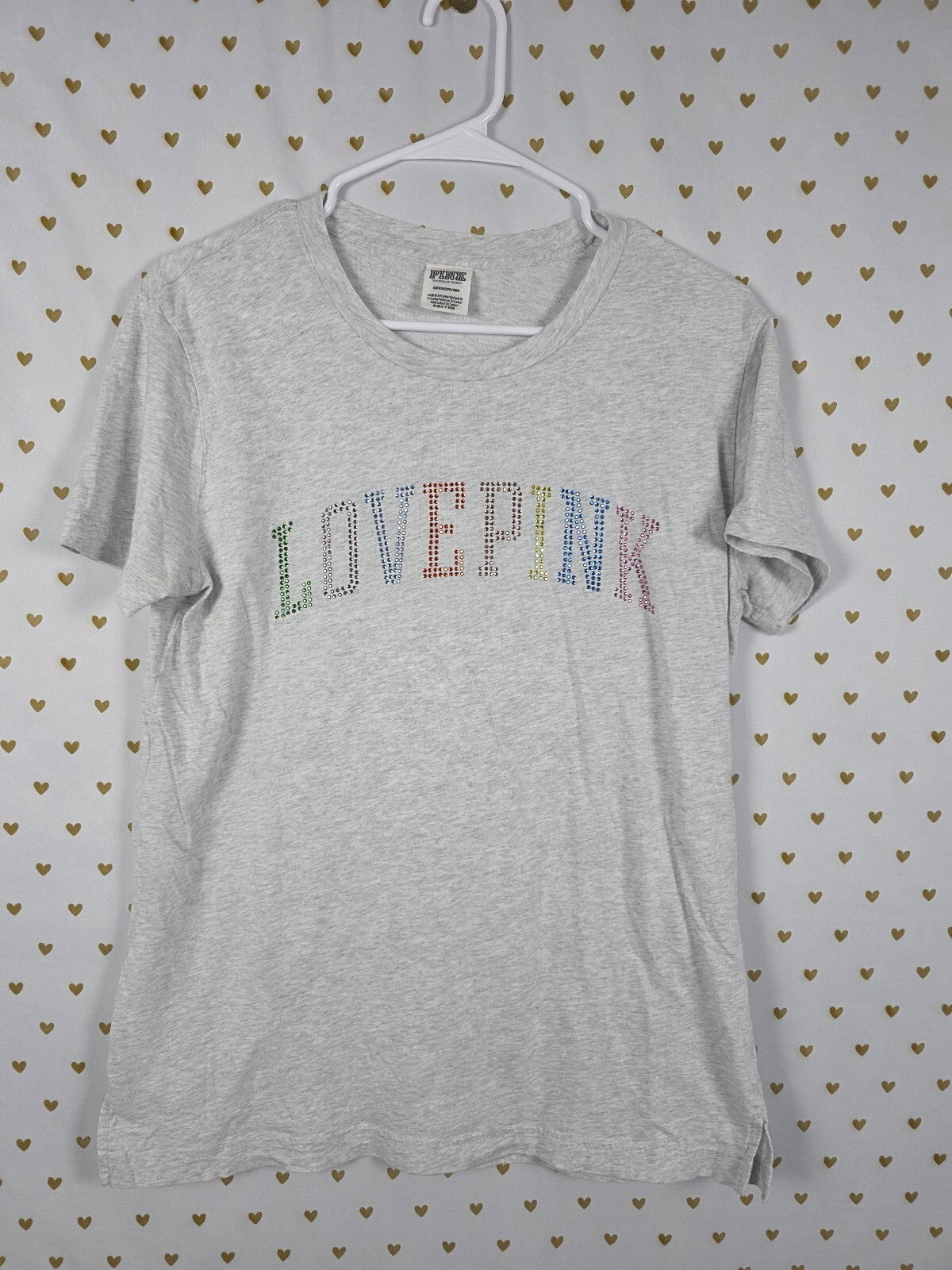 Victorias Secret PINK Love BLING Studded Rainbow Logo tee shirt SMALL