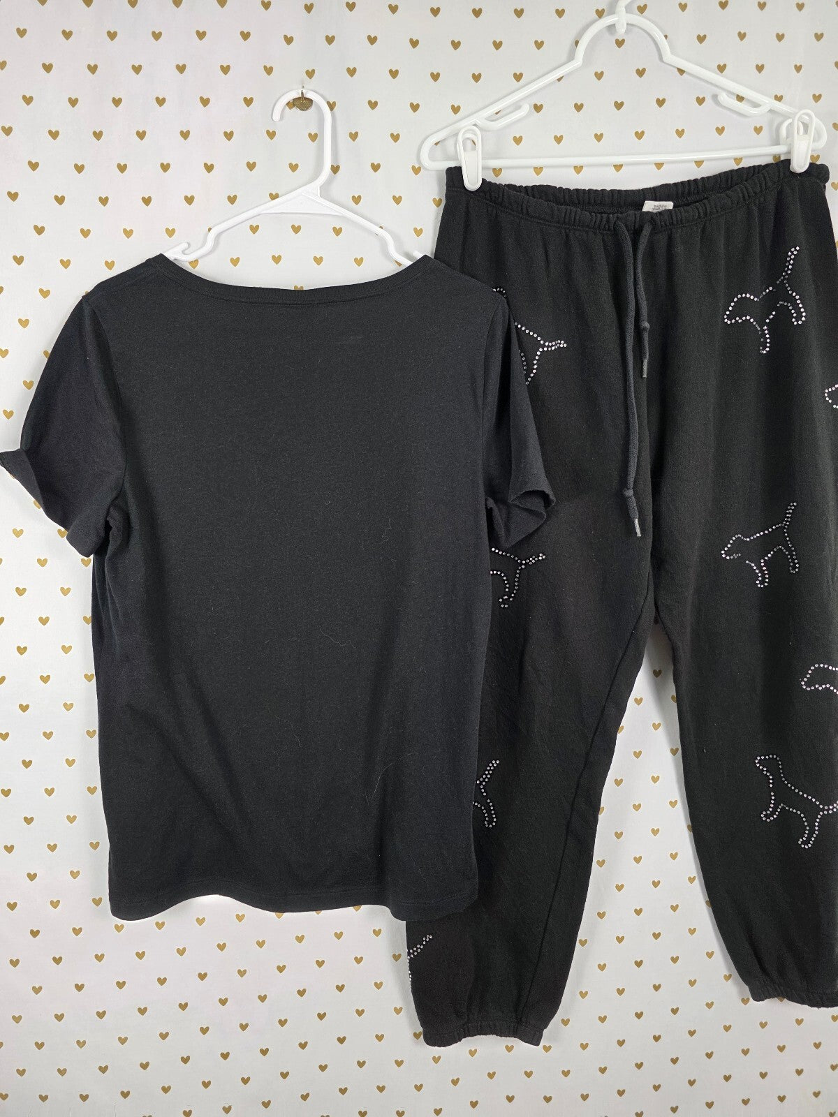 Victoria's Secret PINK Rhinestone Dog Tee Sweatpants Set Black BLING