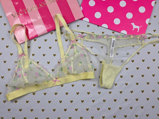 Victoria's Secret PINK Yellow Fruit Embroidered Mesh Bralette Thong Set L