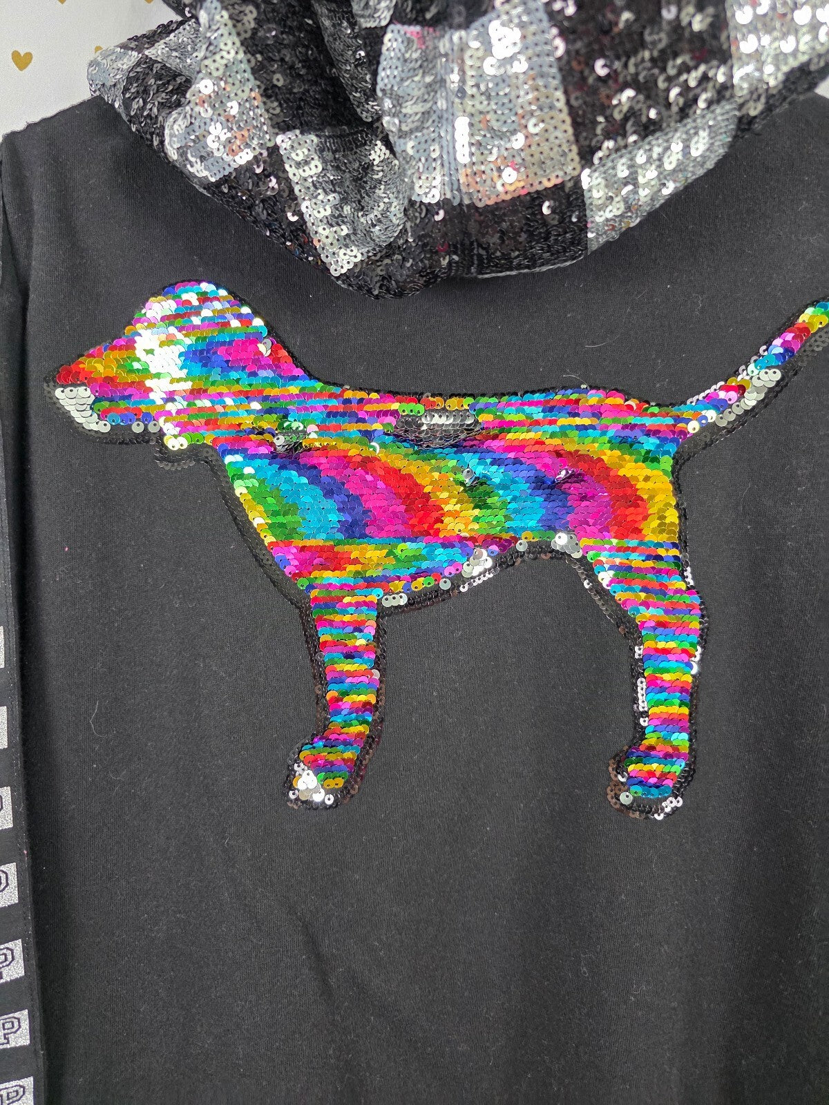RARE Victoria's Secret PINK MEGA BLING Sequin Checkerboard Hoodie Dog M Rainbow