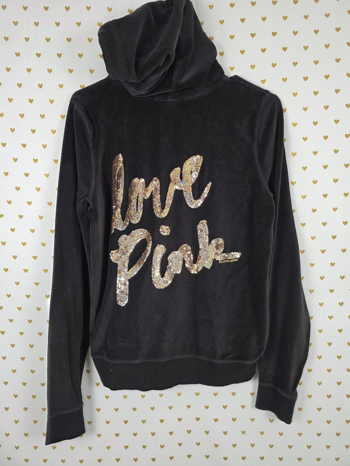 Victorias Secret Pink Vintage Black Velour Gold Sequined Bling Hoodie Jacket L