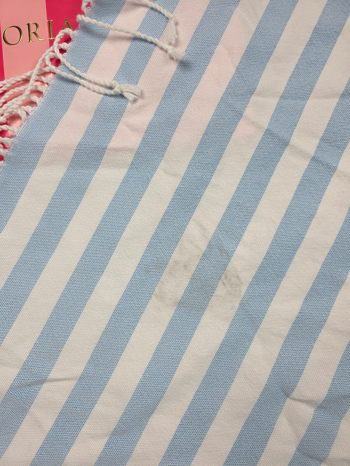 Victoria’s Secret Blue White Stripe Beach Blanket NWT Fringe Carry Strap VS