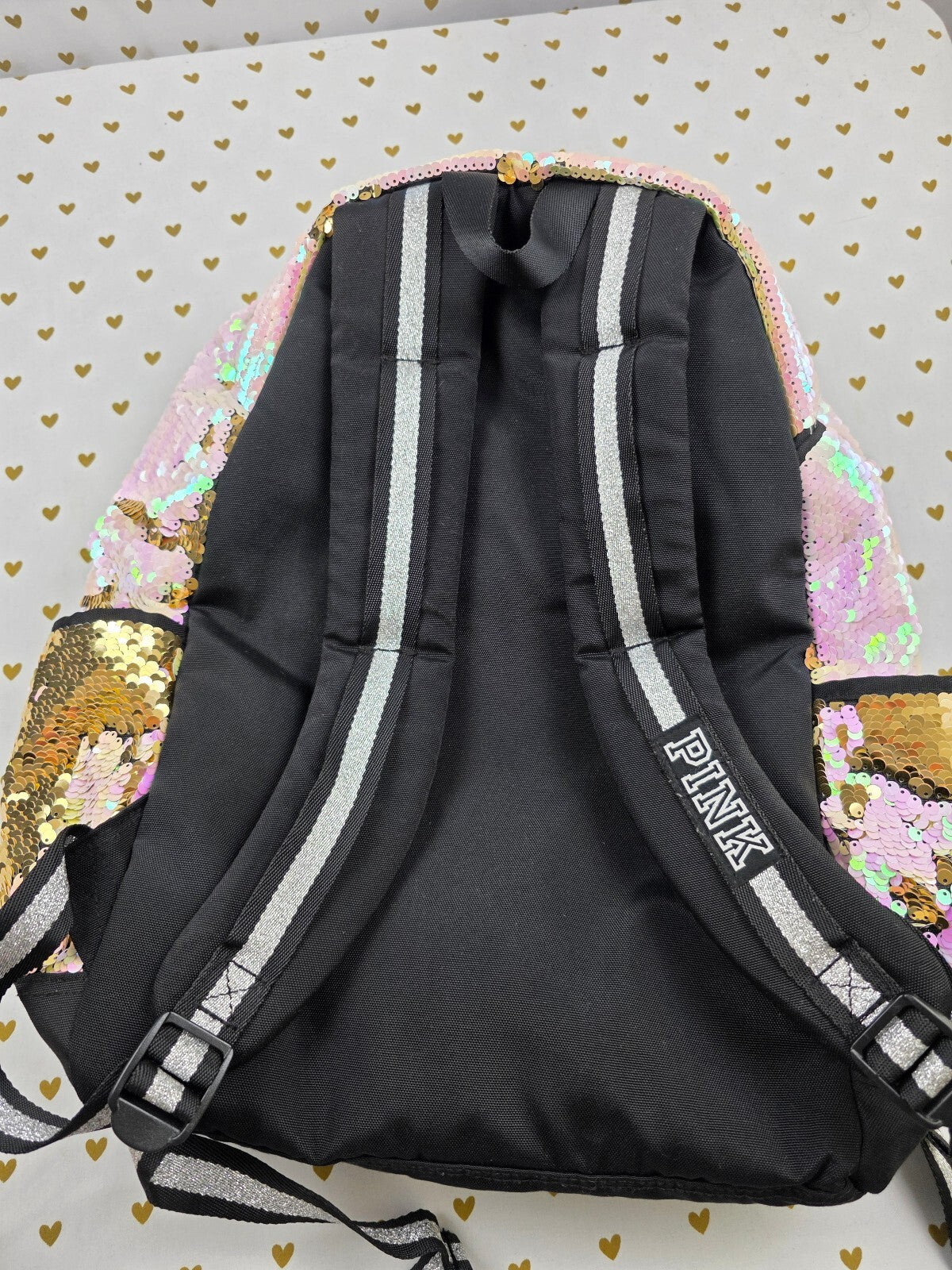 Victoria's Secret PINK Flip Sequin Backpack Gold Pink LOVE PINK Book Bag