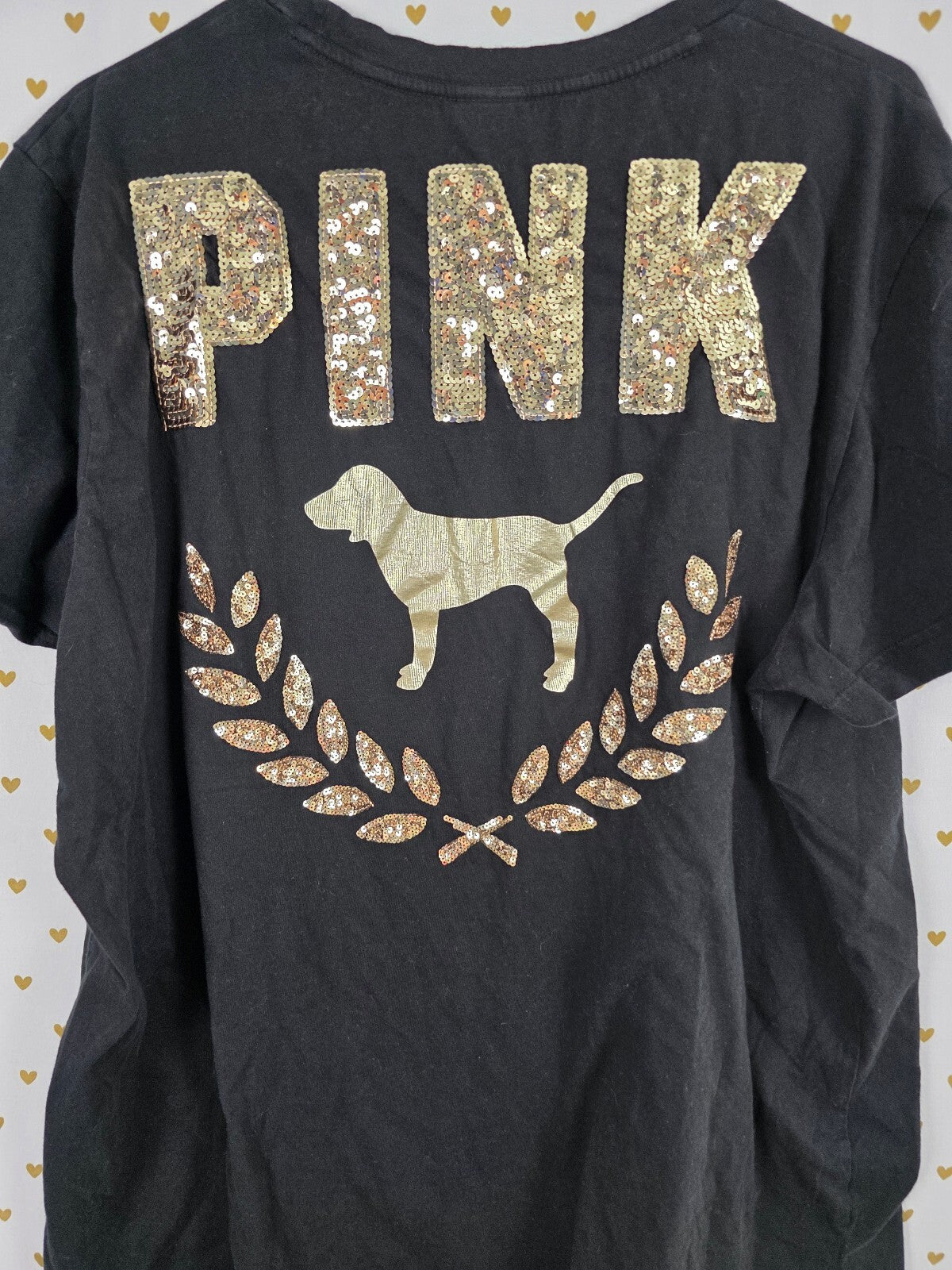 Victorias Secret PINK Black Gold Bling Logo Tee shirt Crest Sequined XXL 2XL