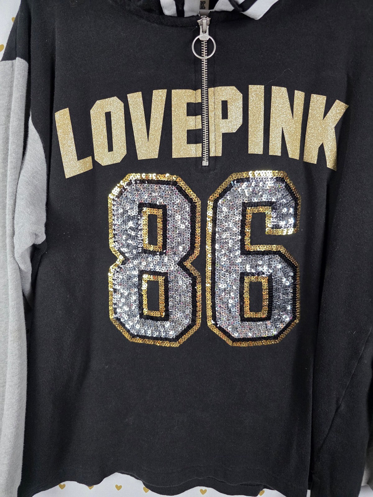 Victorias Secret Pink Bling 86 Hooded Quarter Zip Sequined Logo Sweater