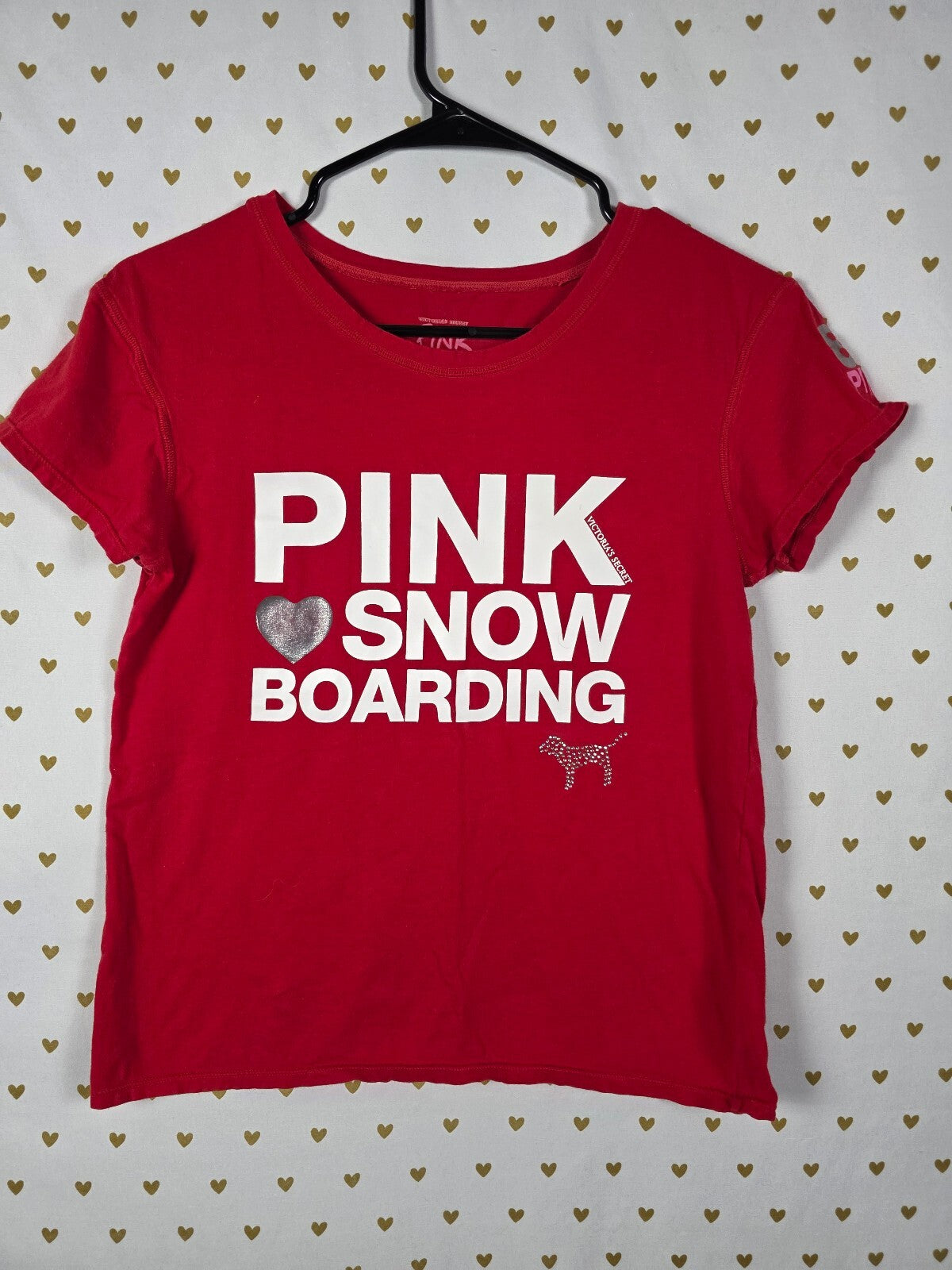 Victoria's Secret PINK Snowboarding Tee Shirt L Red Rhinestone Dog Ski Graphic