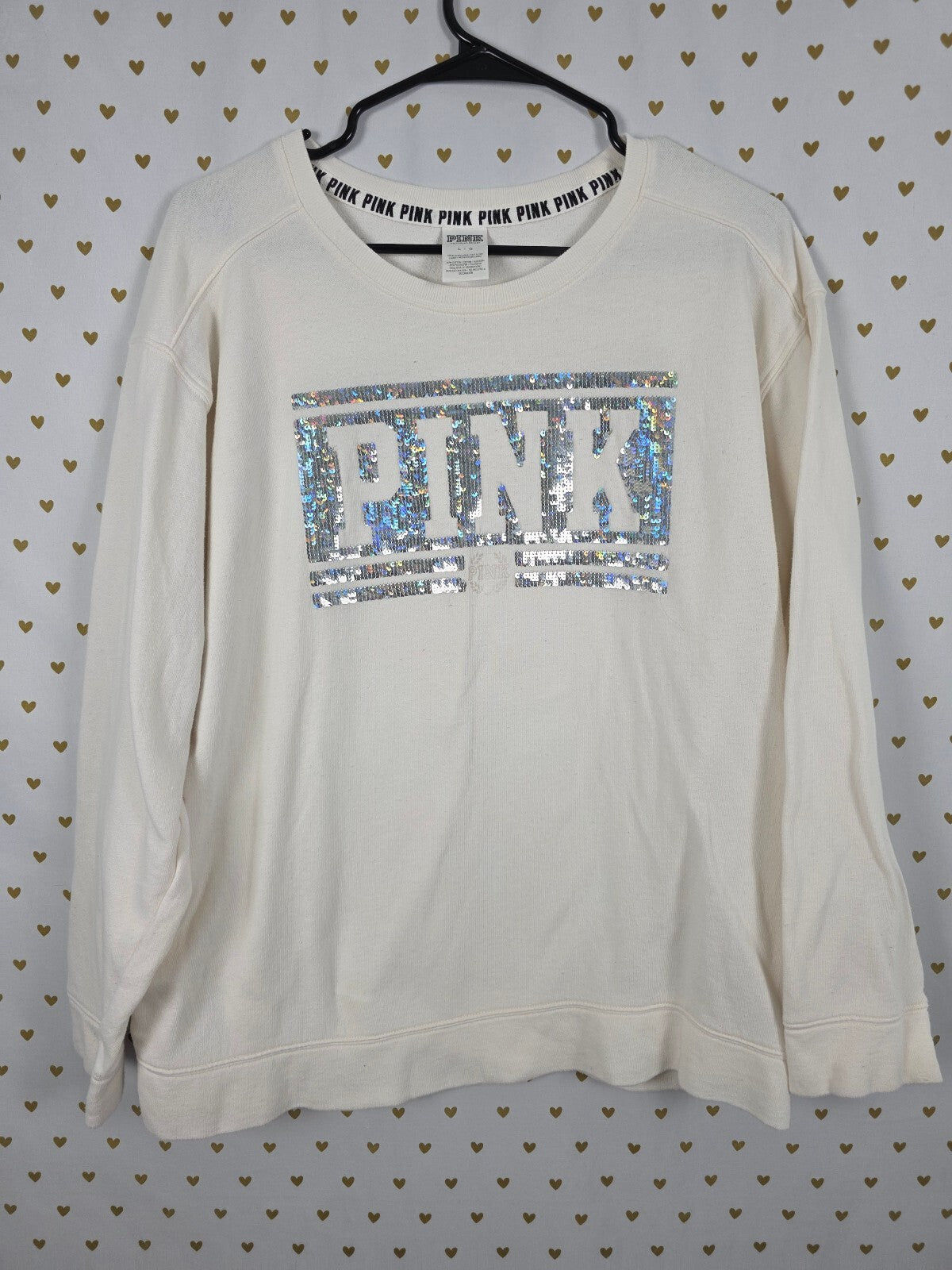 Victorias Secret Pink White BLING Silver Sweater Shirt LARGE