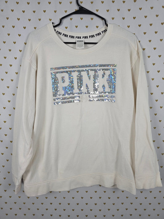 Victorias Secret Pink White BLING Silver Sweater Shirt LARGE