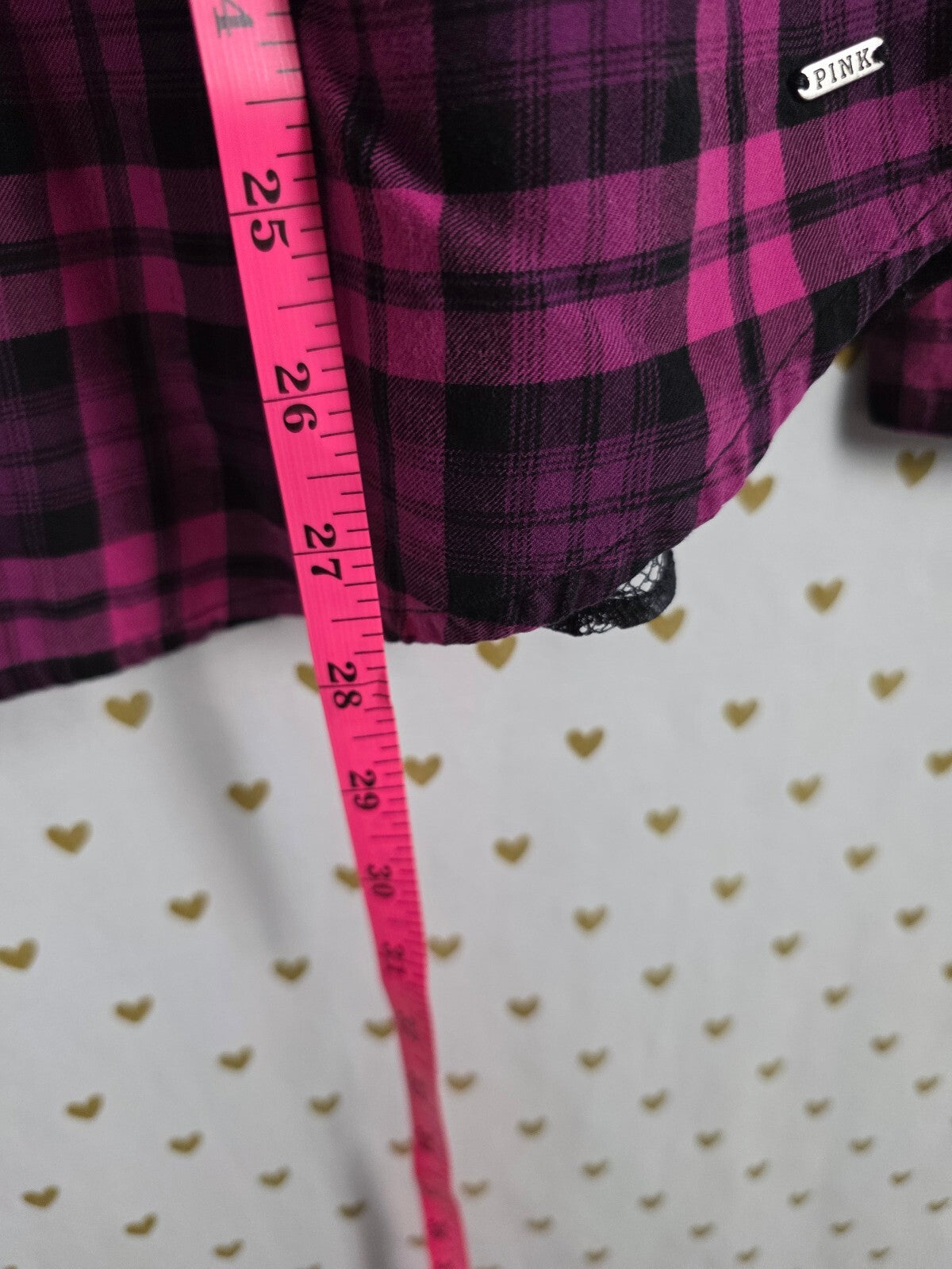 Victoria's Secret PINK Plaid Lace Back Button Down Shirt M Pink Black
