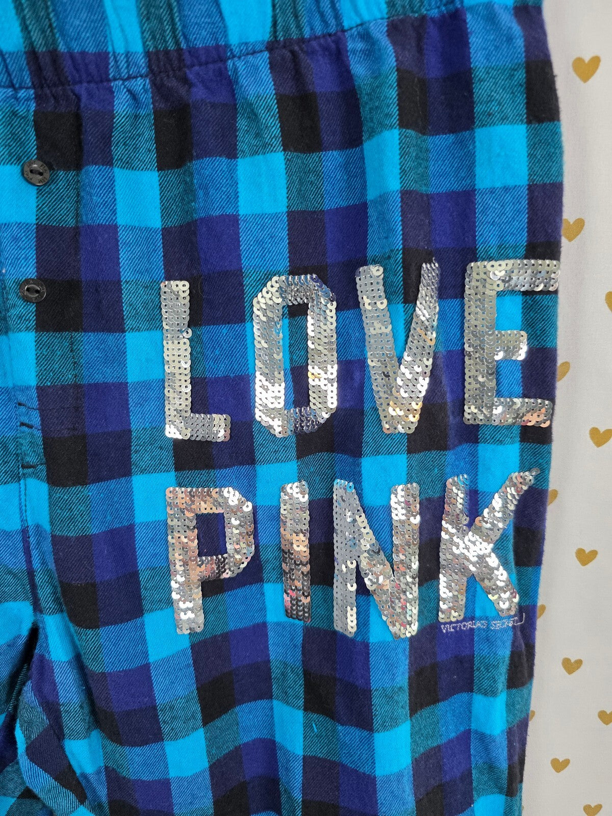 Victorias Secret PINK Plaid BLING Blue Sequined Med Sleep Pants Pajama PJ Bottom
