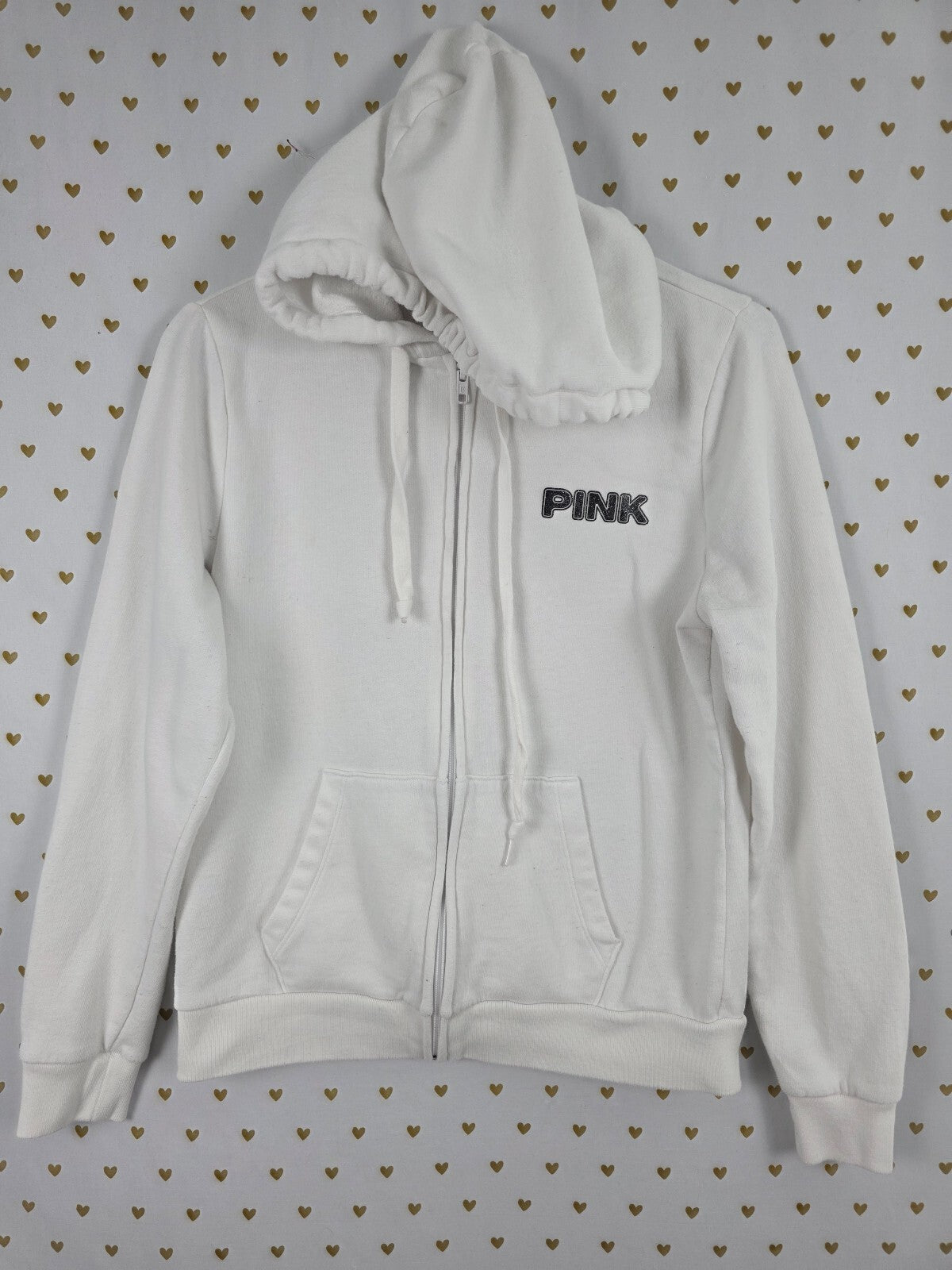 Victorias Secret Pink White Full Zip Bling Logo Jacket Hoodie Small