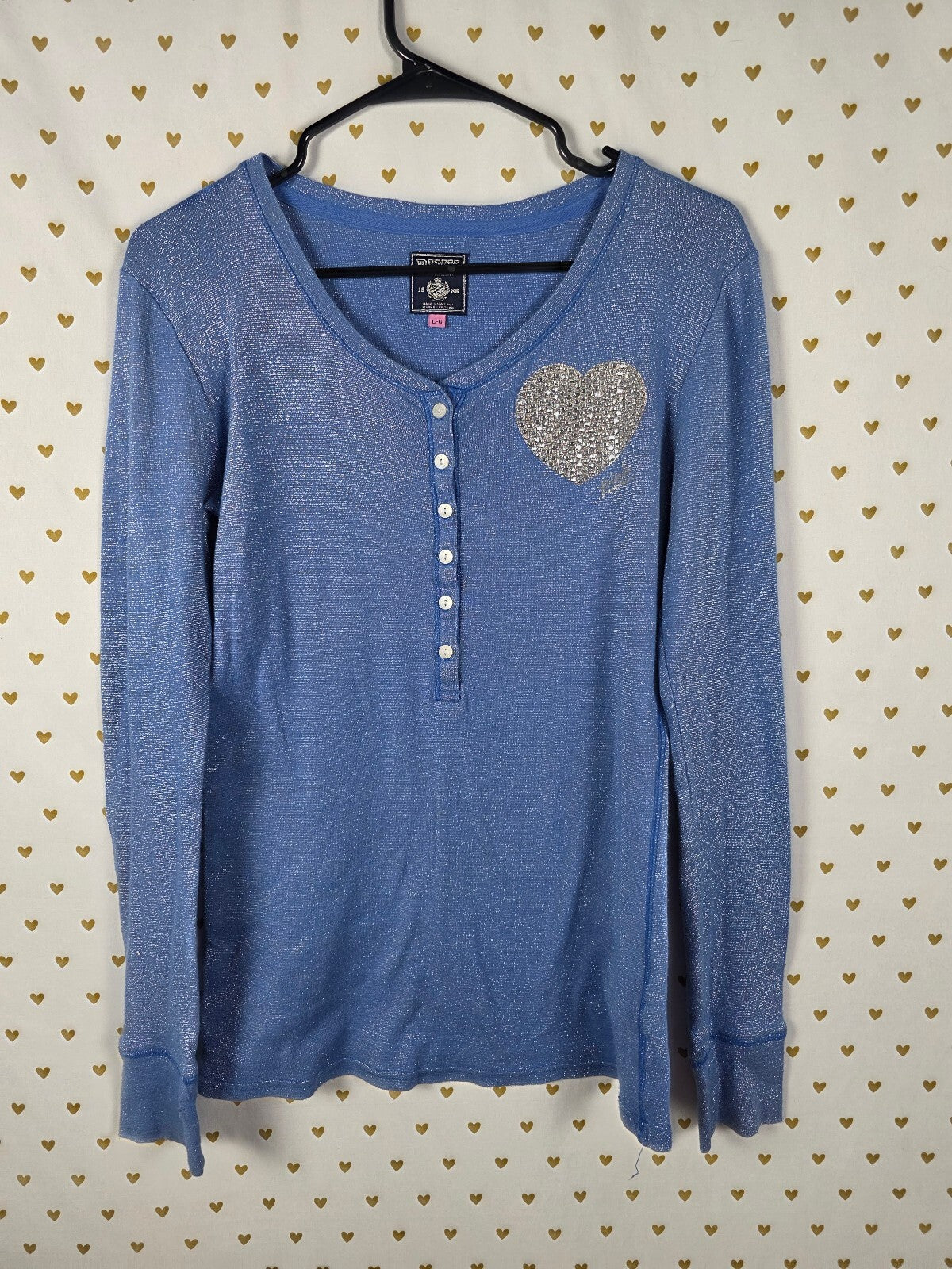 Victoria's Secret PINK Blue Metallic Sparkle Rhinestone Heart Henley Top L