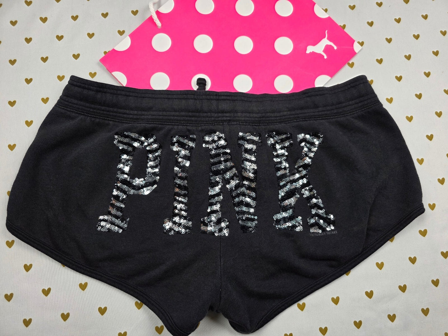 Victoria's Secret PINK Sequin Logo Shorts Black SMALL zebra Bling Lounge Y2K