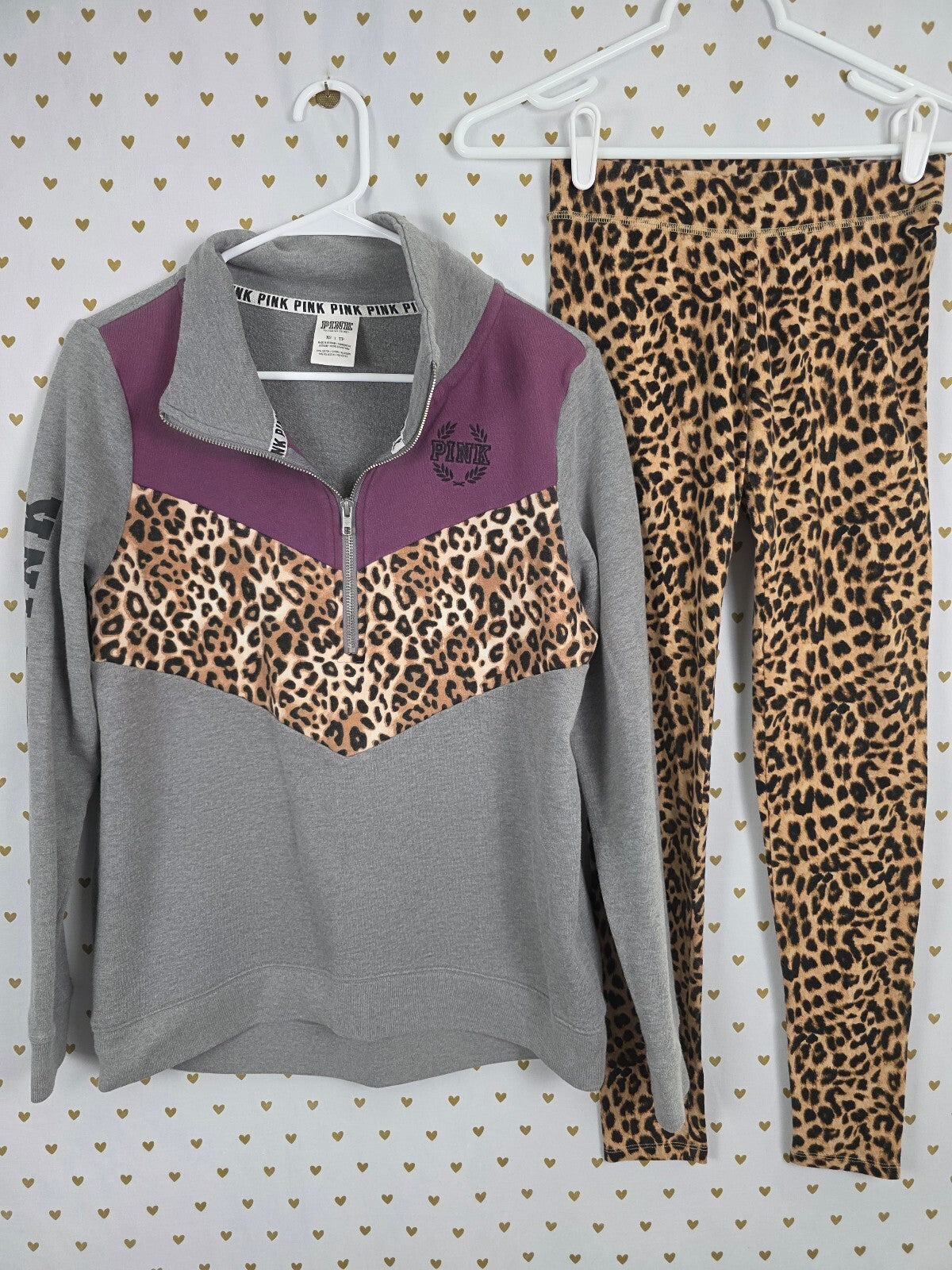 Victorias Secret Pink Quarter Zip Leopard Cheetah SET 2pc Outfit Leggings XS