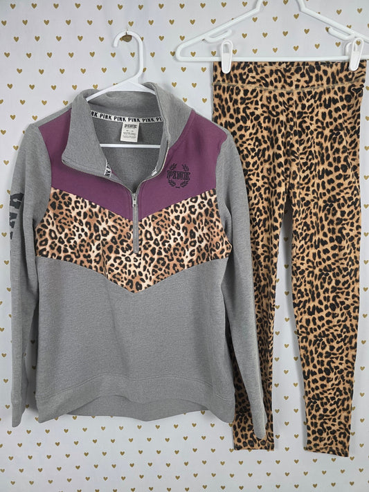 Victorias Secret Pink Quarter Zip Leopard Cheetah SET 2pc Outfit Leggings XS
