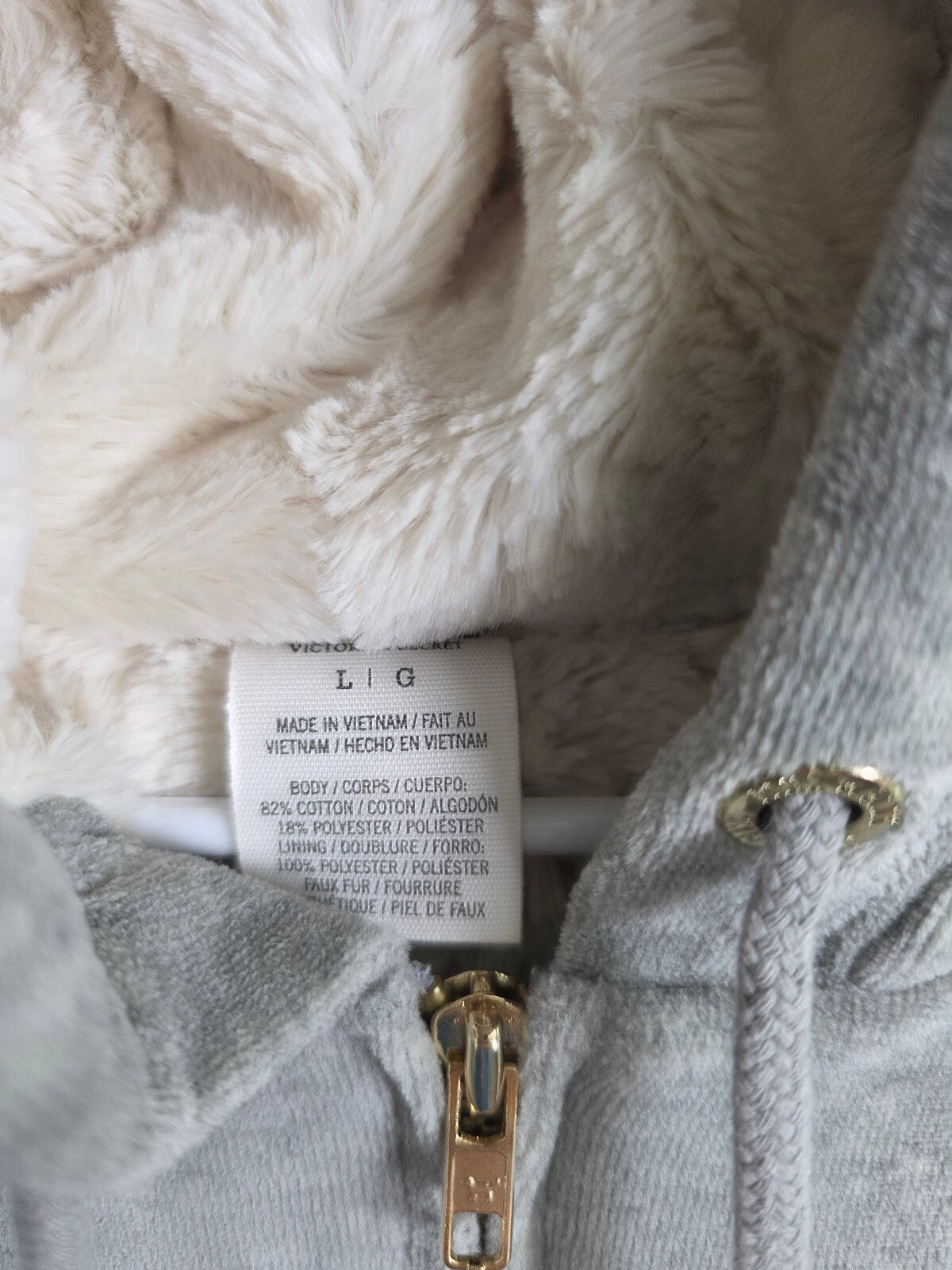 Victorias Secret Pink Fur Lined Bling Vintage Velour SET Hoodie Sweats L Grey