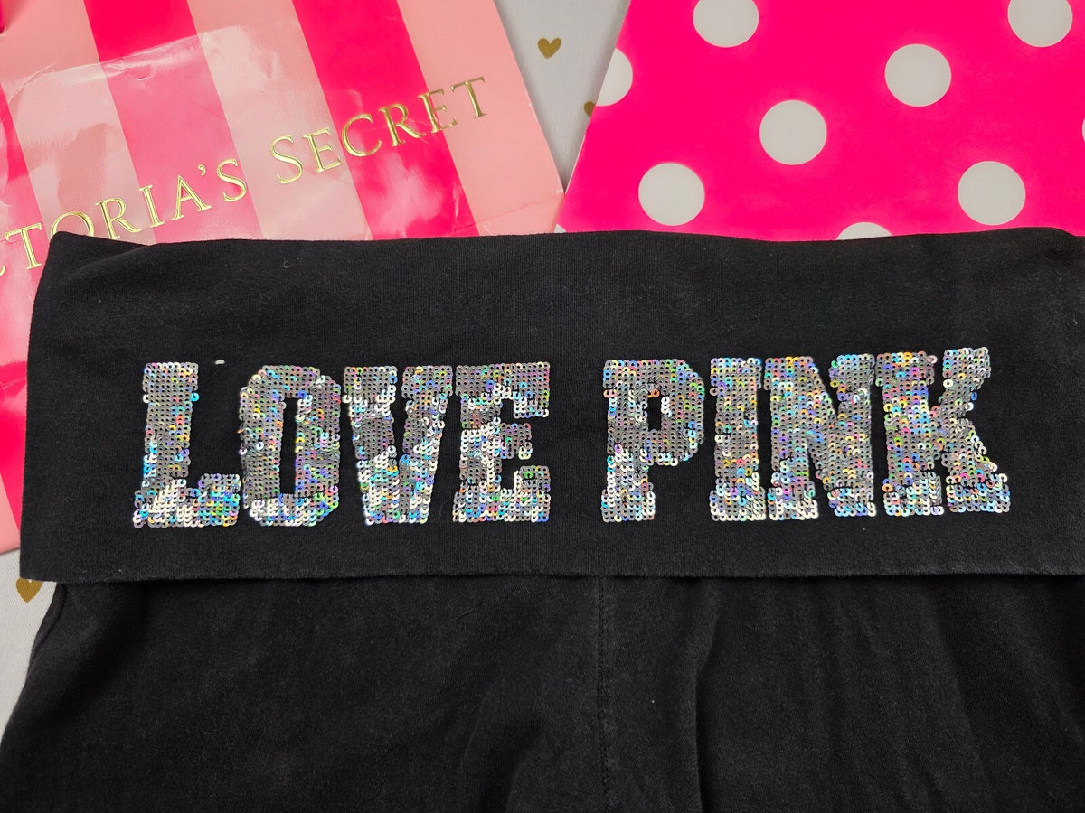 Victorias Secret PINK Mega Bling Foldover Yoga Shorts Sequined Booty Medium Y2k