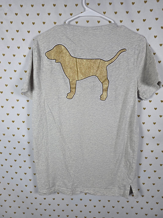 Victorias Secret PINK BLING GOLD Glitter dog logo lace front tee shirt SMALL