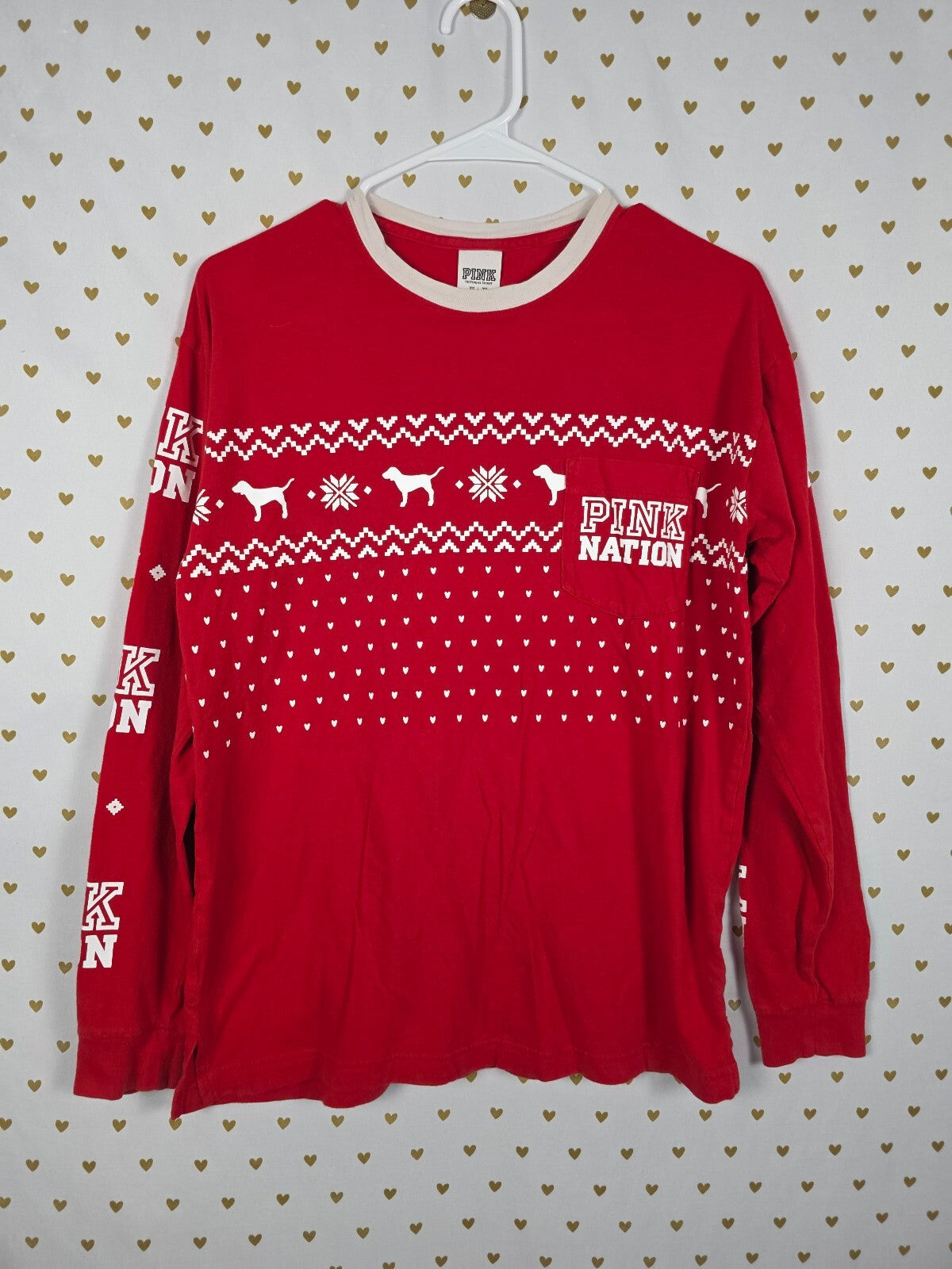 Victorias Secret PINK Nation Campus winter Pocket Tee long sleeve Red XS