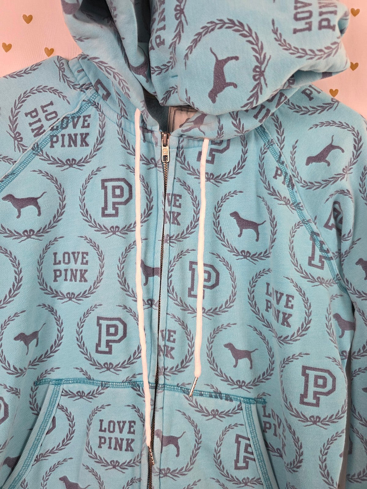 Victoria's Secret PINK Hoodie Full Zip Blue All Over Print Dog Logo Large HTF