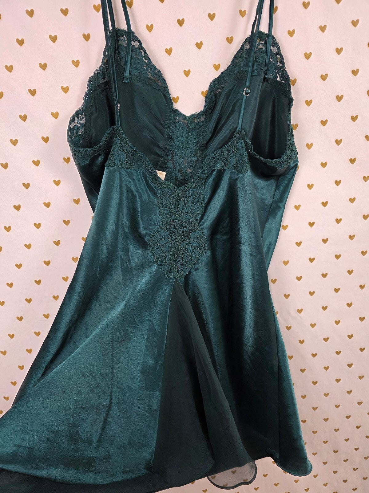 Vintage Victoria's Secret Slip Dress M Emerald Green Satin Lace Beaded Sequin