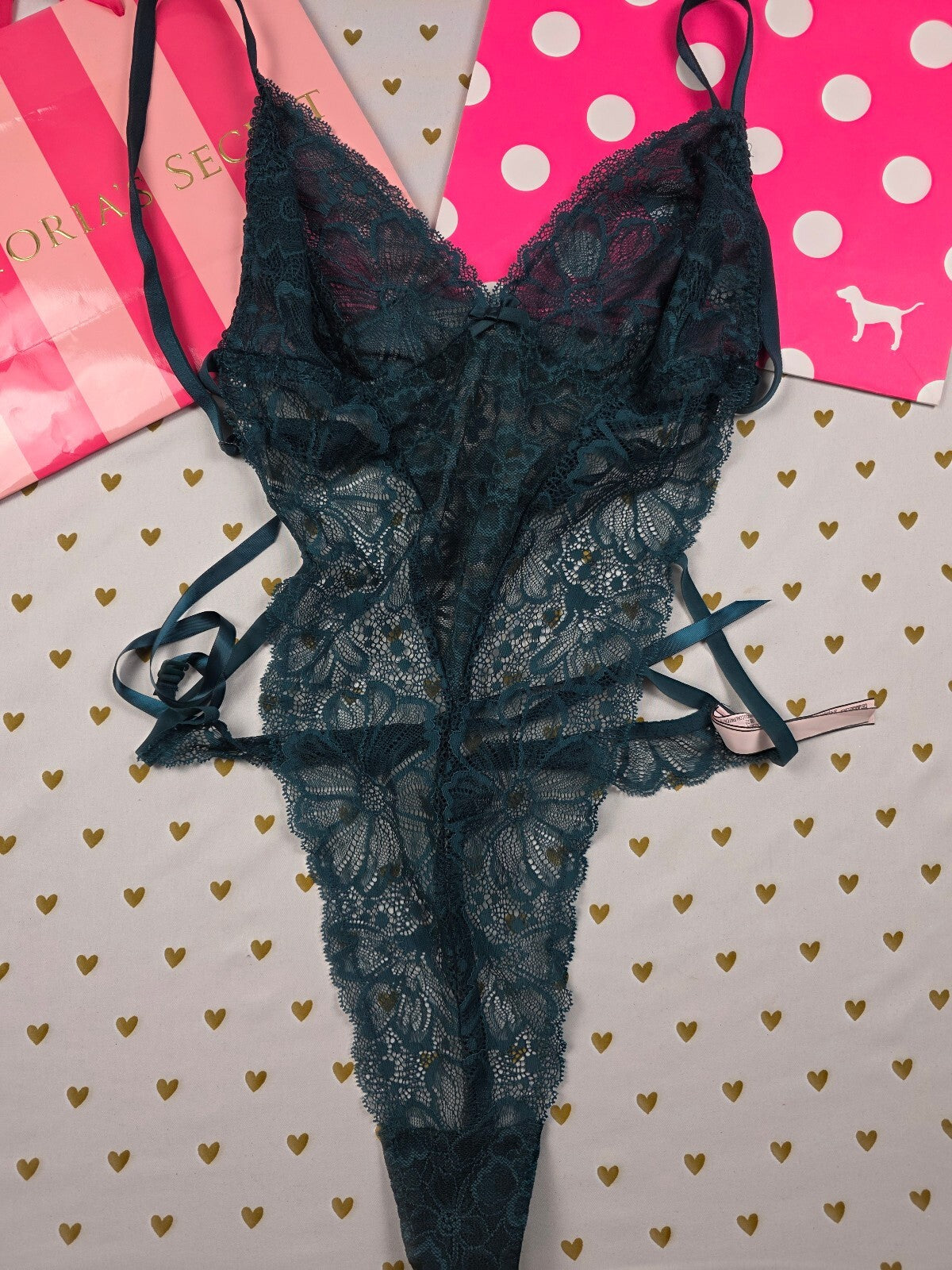 Victoria's Secret Teal Floral Lace Teddy Bodysuit XL Satin Tie Thong