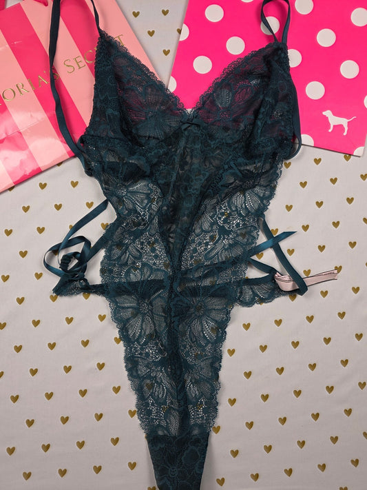 Victoria's Secret Teal Floral Lace Teddy Bodysuit XL Satin Tie Thong