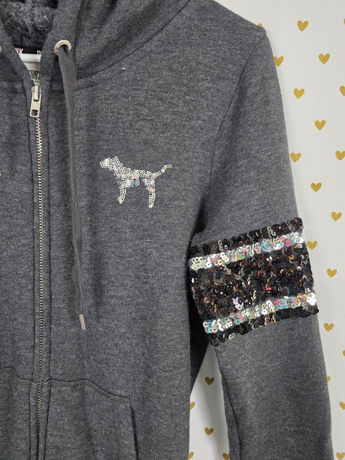 Victorias Secret Pink Bling Sequined Logo Full zip Hoodie Jacket Grey XS