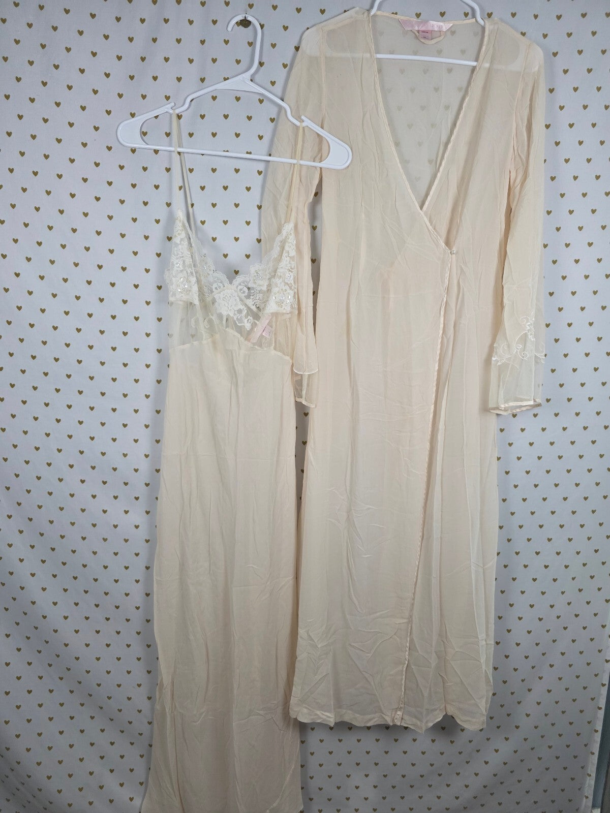Vintage 2000 Victoria’s Secret 100% Silk Nightgown Robe Set Lace Beaded M/L
