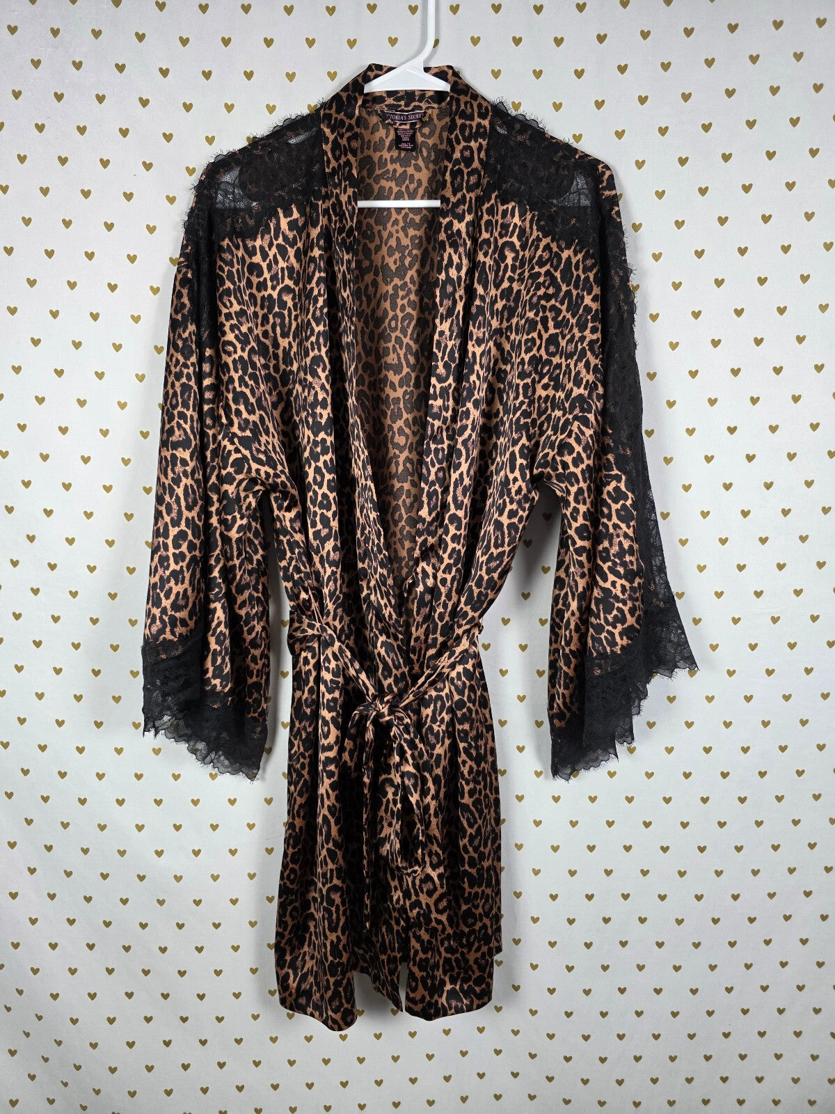 Victoria's Secret Leopard Satin Robe M/L Black Lace Kimono Animal Print