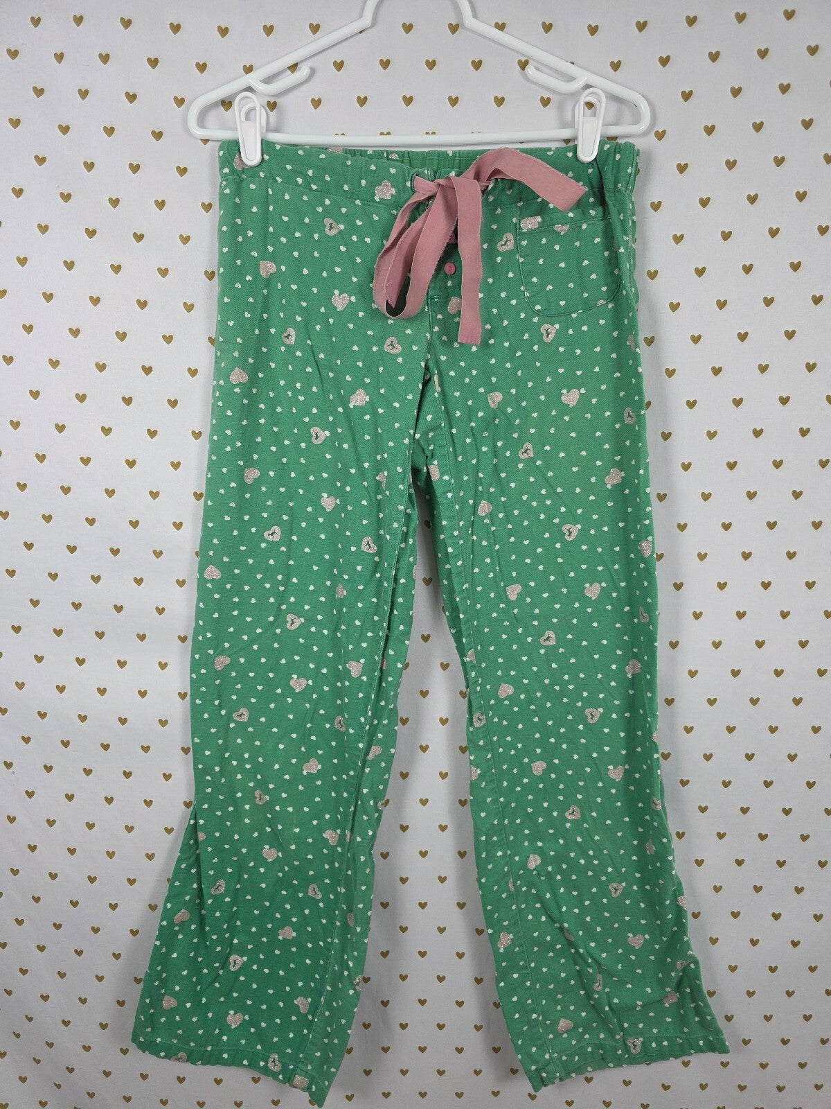 Vintage PINK Victoria's Secret Heart Print Lounge Sleep Pants Green Pink Logo XS