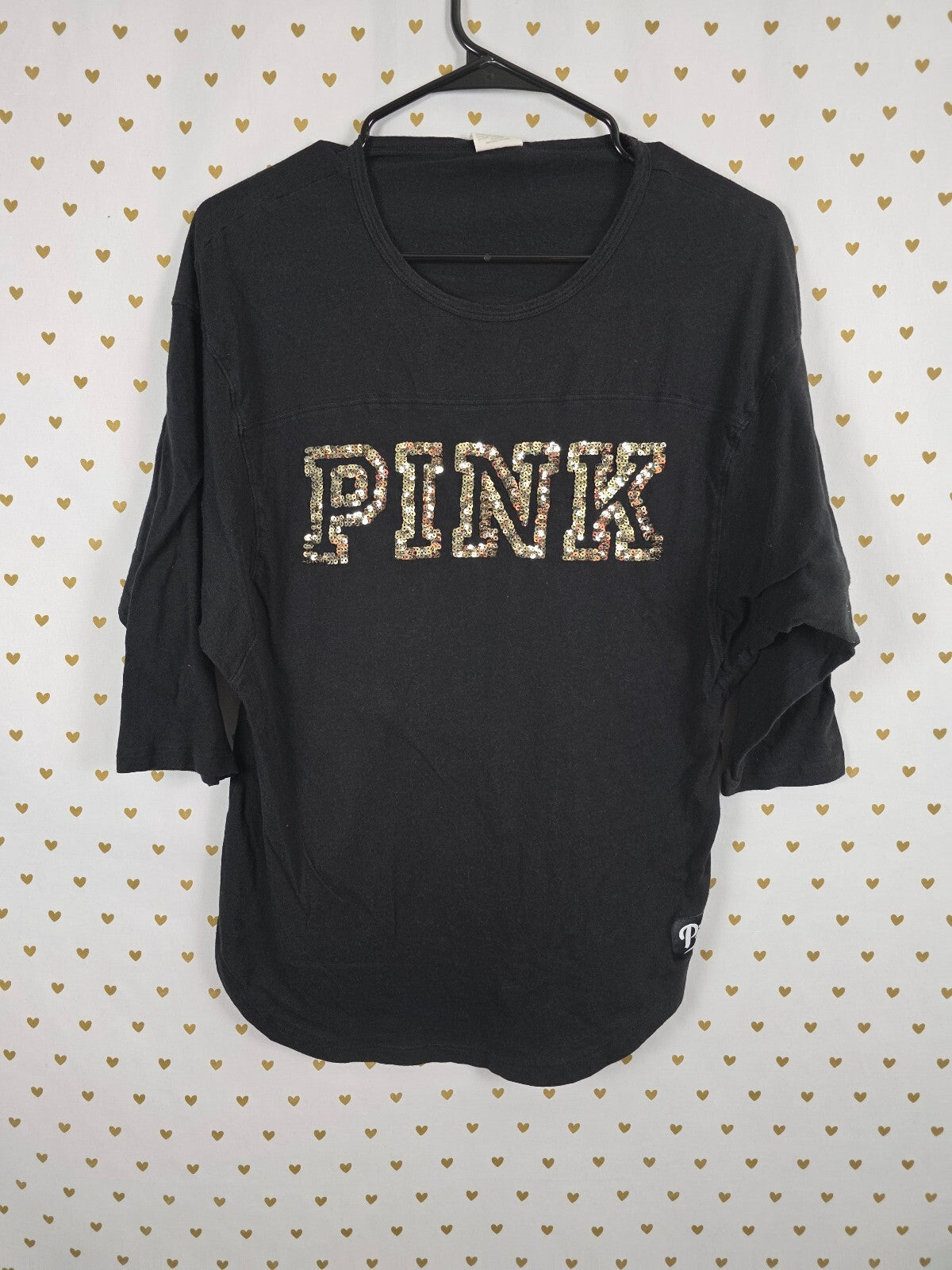 Victorias Secret PINK Gold Bling Sequined Quarter Sleeve Tee shirt Medium