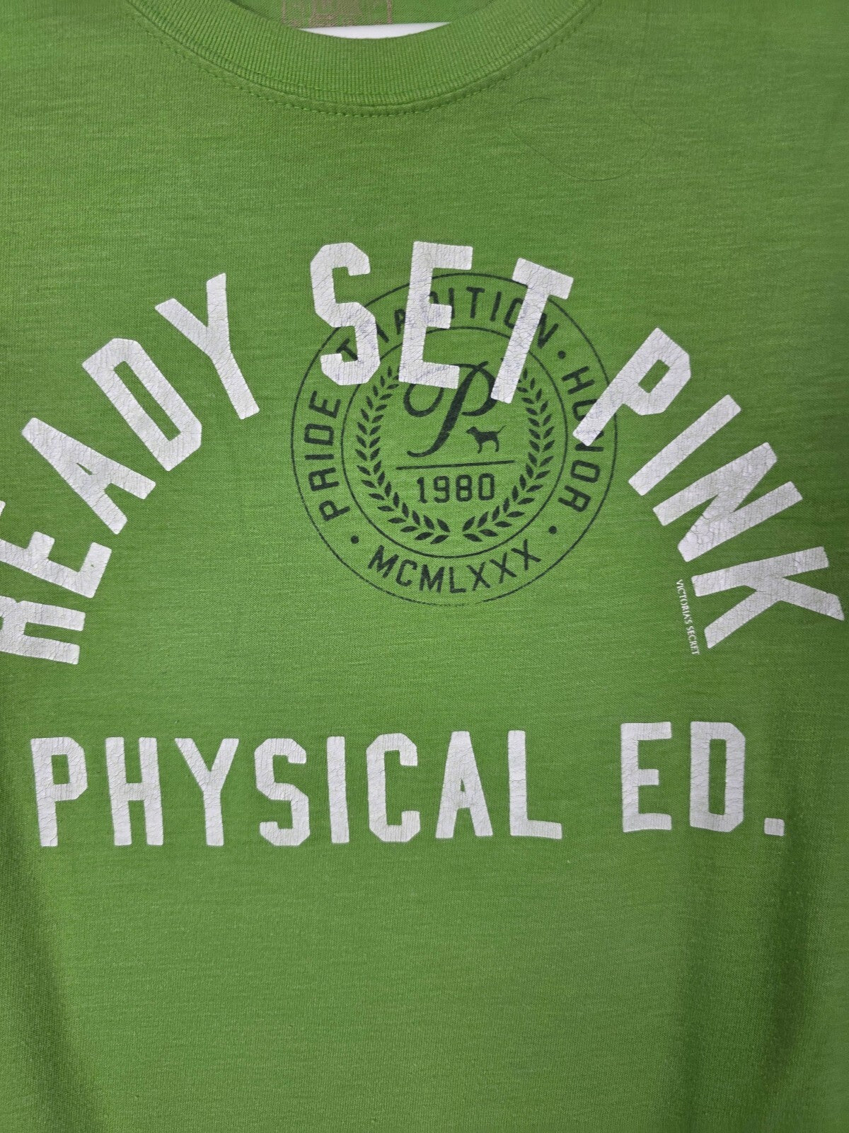 Victorias Secret PINK Vintage Green Y2k READY SET Tee Shirt MEDIUM