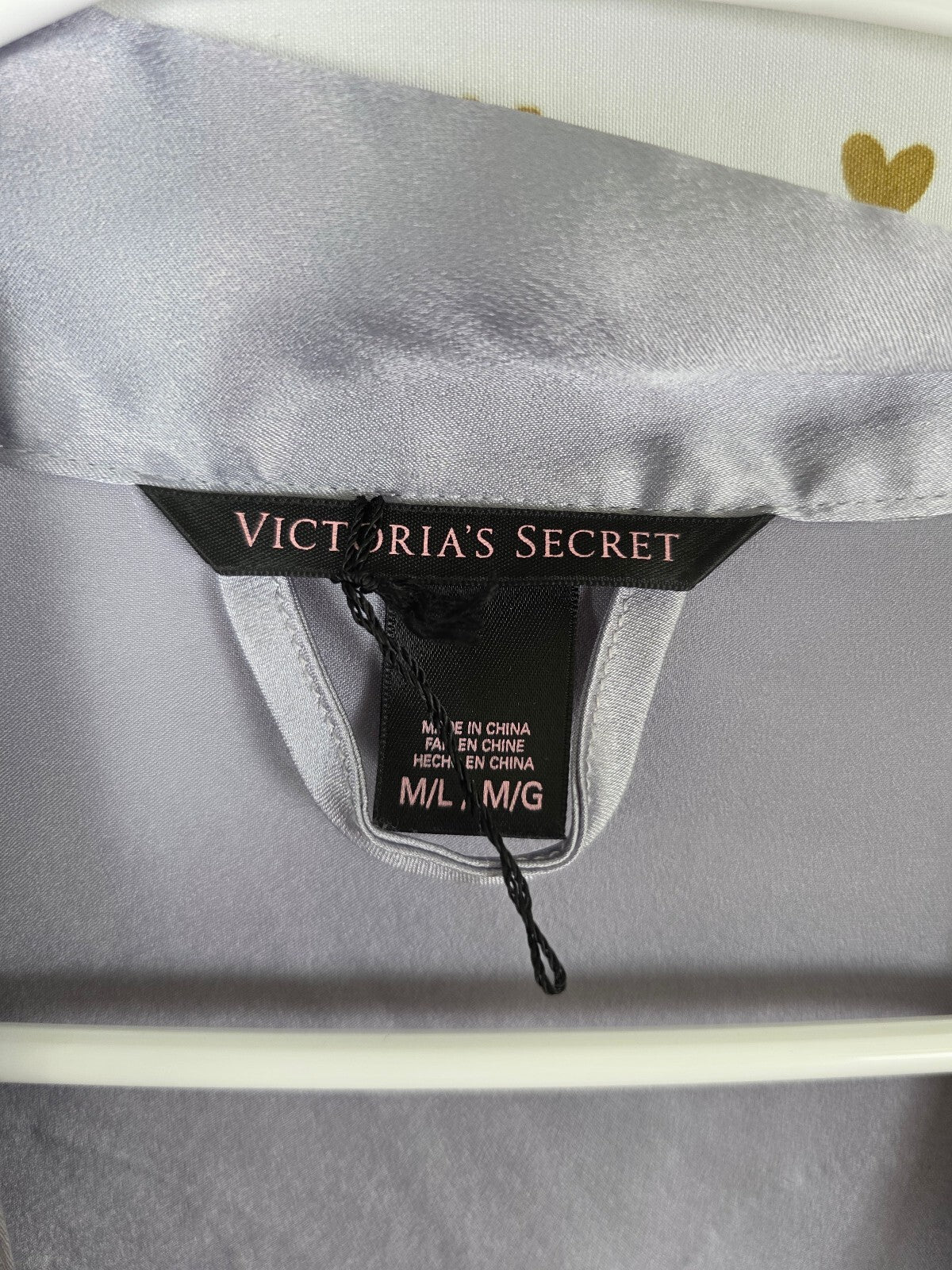 Victoria's Secret Satin Robe M/L Silver Gray Black Lace Rhinestone Angel Wings