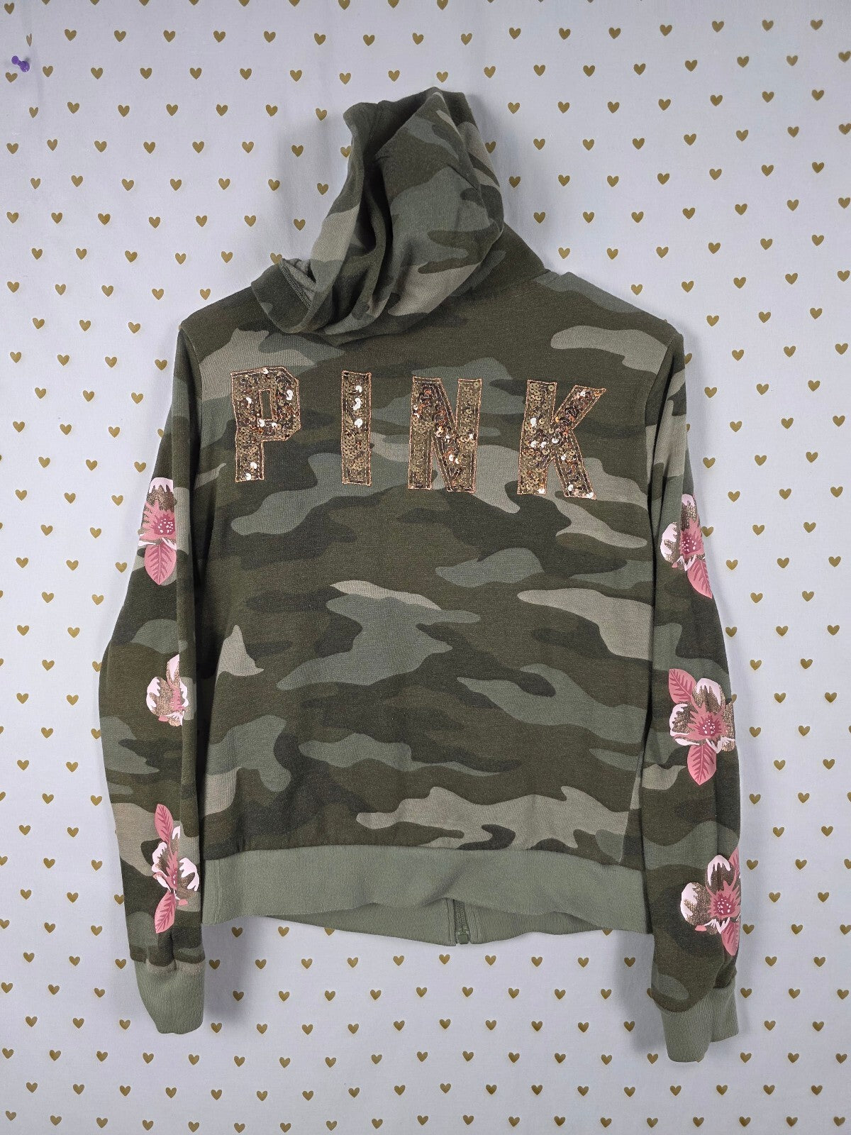 Victorias Secret Pink CAMO FLORAL BLING Sequin Gold Full Zip Hoodie Jacket SMALL