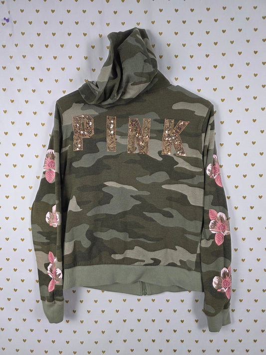 Victorias Secret Pink CAMO FLORAL BLING Sequin Gold Full Zip Hoodie Jacket SMALL