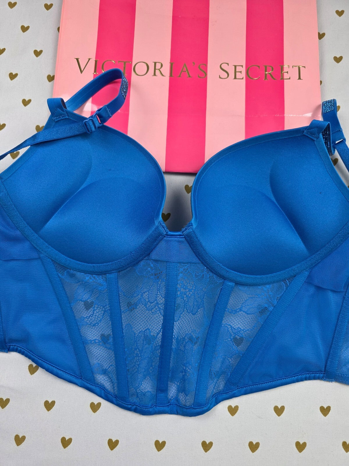 Victoria's Secret Bombshell Push Up Corset Bustier 34B Blue Rhinestone BLING