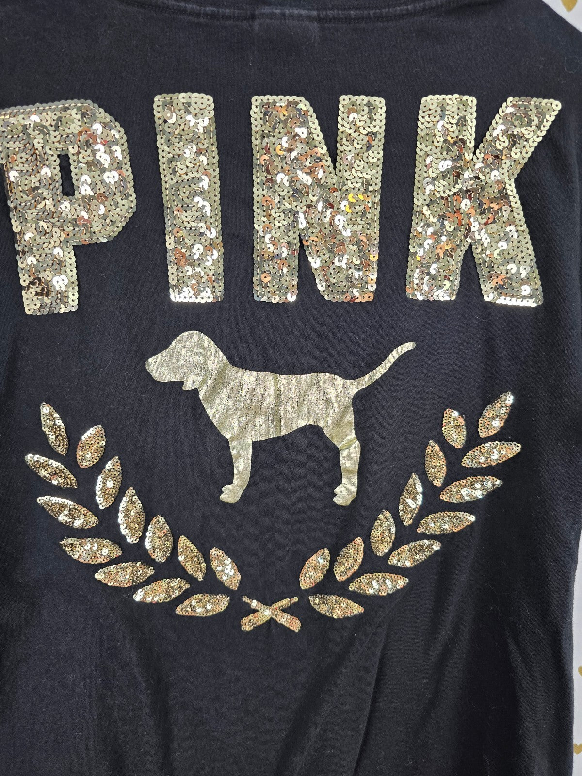 Victorias Secret PINK Gold Bling Sequined Crest tee shirt Large