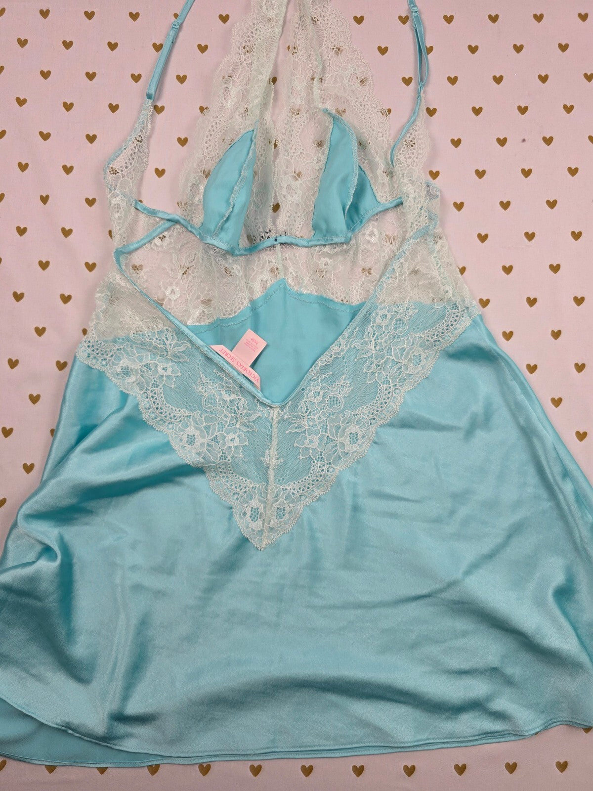 Victorias Secret Blue Stain Lace Slip Dress Nightie Lingerie MEDIUM
