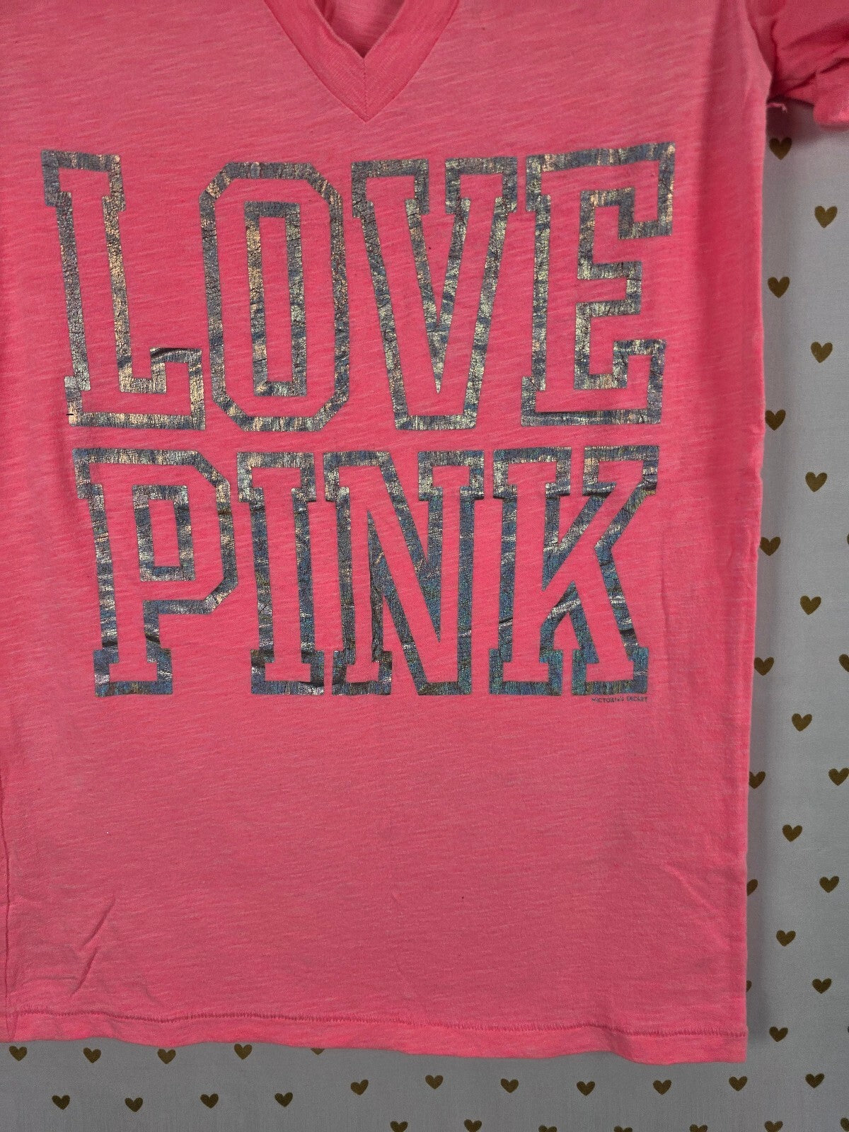 Victorias Secret PINK Neon Foil Logo V Neck Tee shirt LOVE SMALL