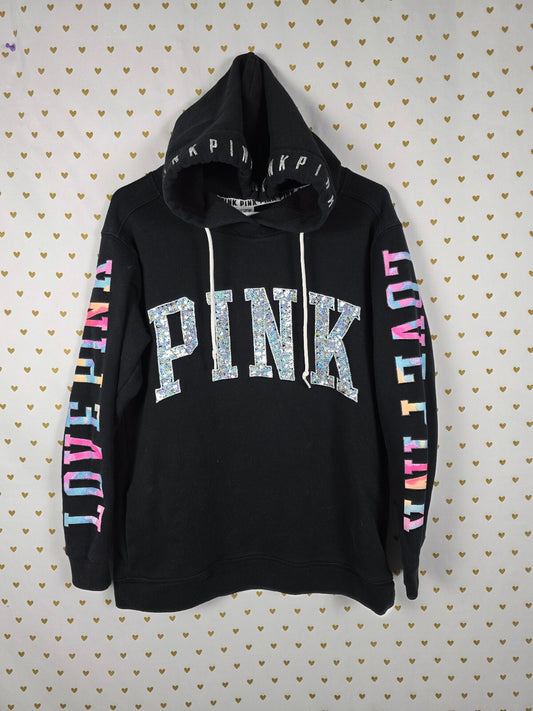 Victorias Secret Pink Watercolor BLING sequin Pullover Hoodie Sweater SMALL