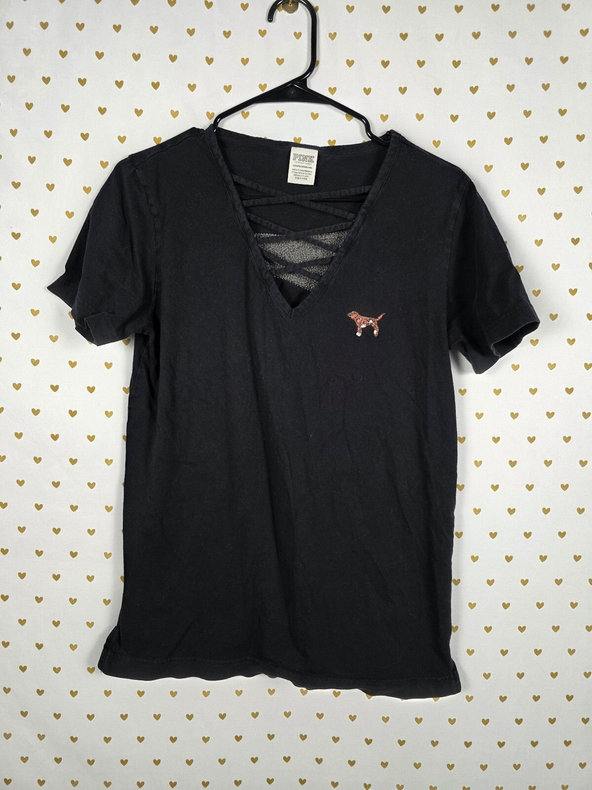 Victorias Secret PINK Bling Cross front Gold sequin Dog Logo Tee Shirt XS