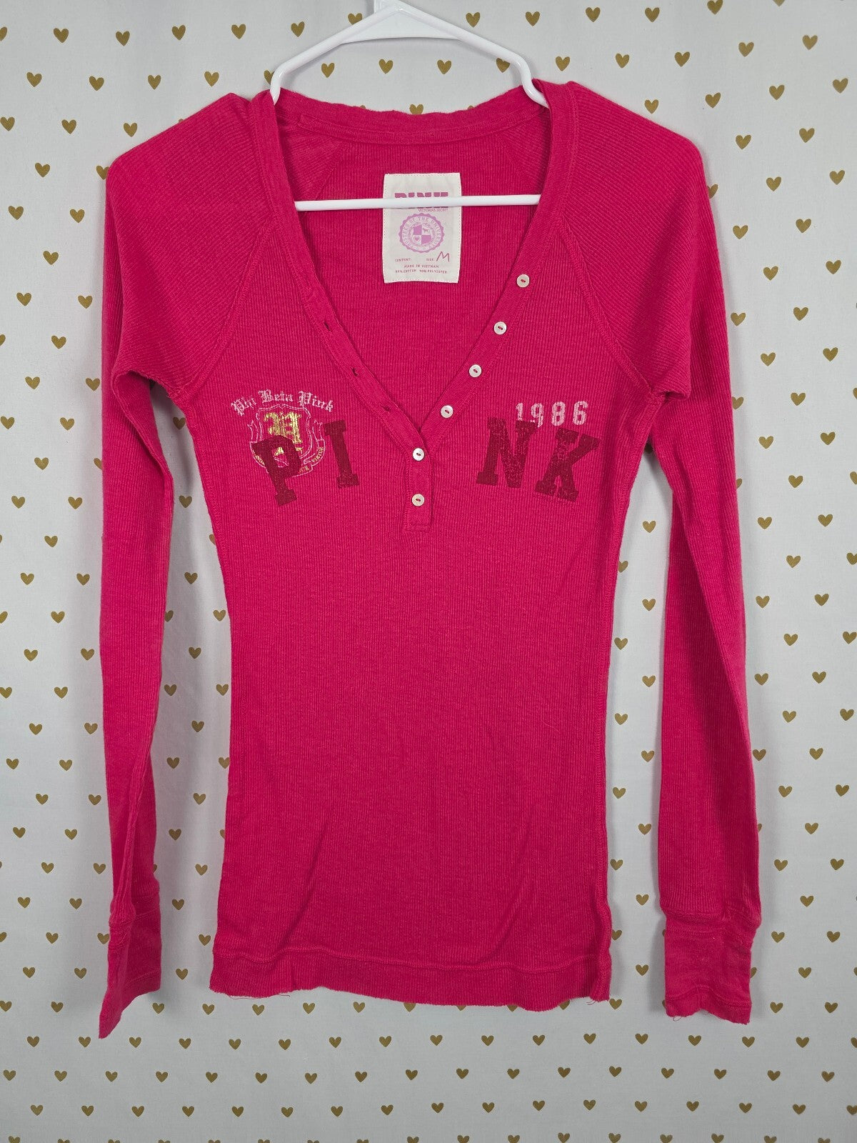 Victorias Secret PINK Button Front Henley Long Sleeve Phi Beta Pink MEDIUM