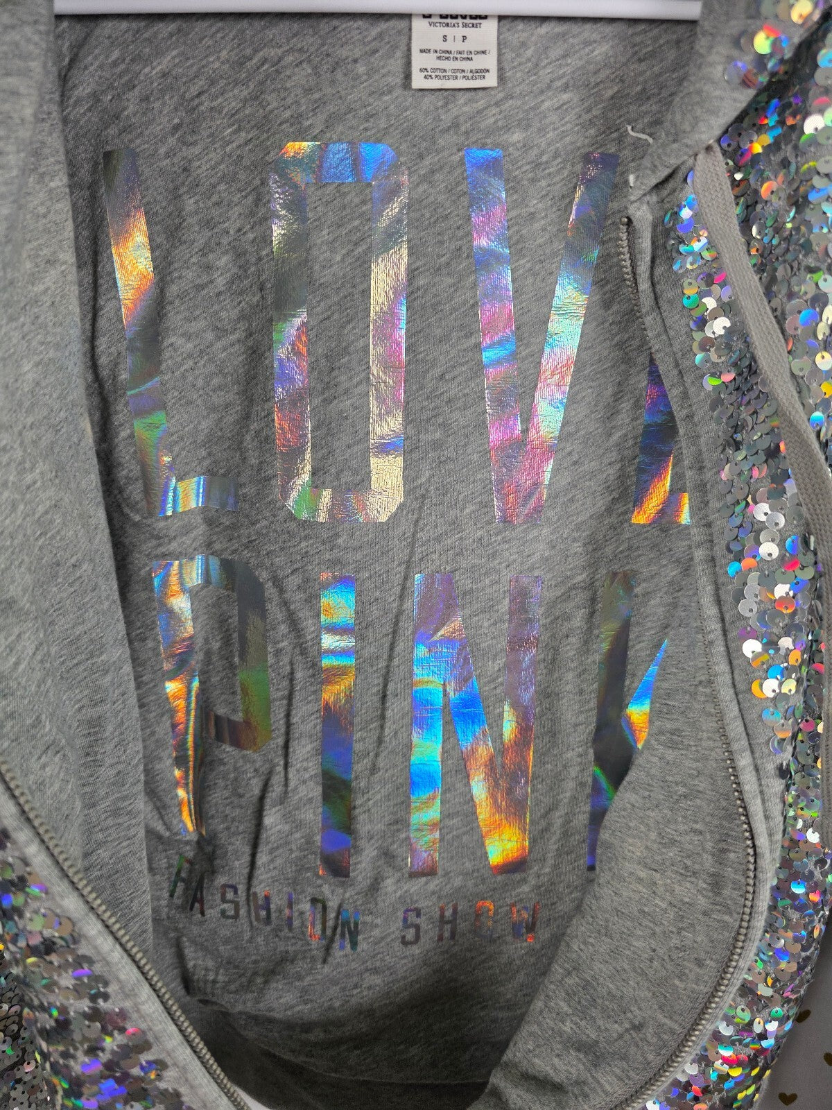PINK Victoria's Secret Fashion Show FULL Sequin Zip Hoodie Gray S BLING HTF