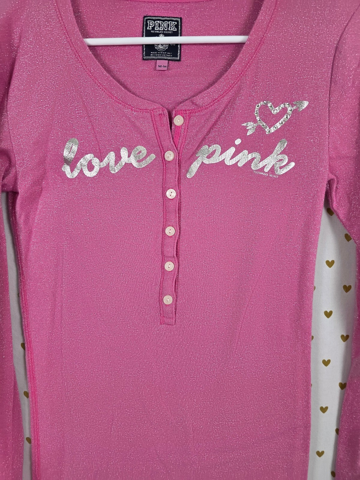 Victorias Secret PINK Vintage long Sleeve Shimmer Logo Henley Y2k Bling
